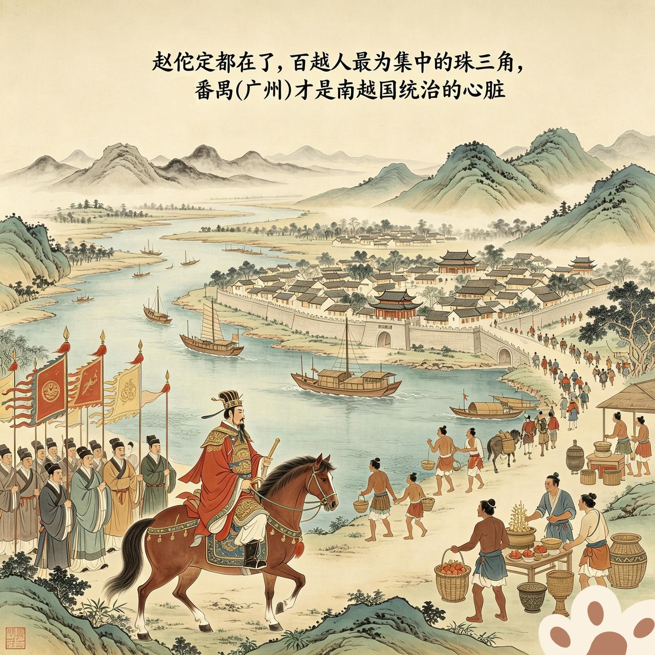 南越王赵佗，从客家人聚居山区的龙川，迁都到了百越人聚居的番禺(广州)。其走的，正