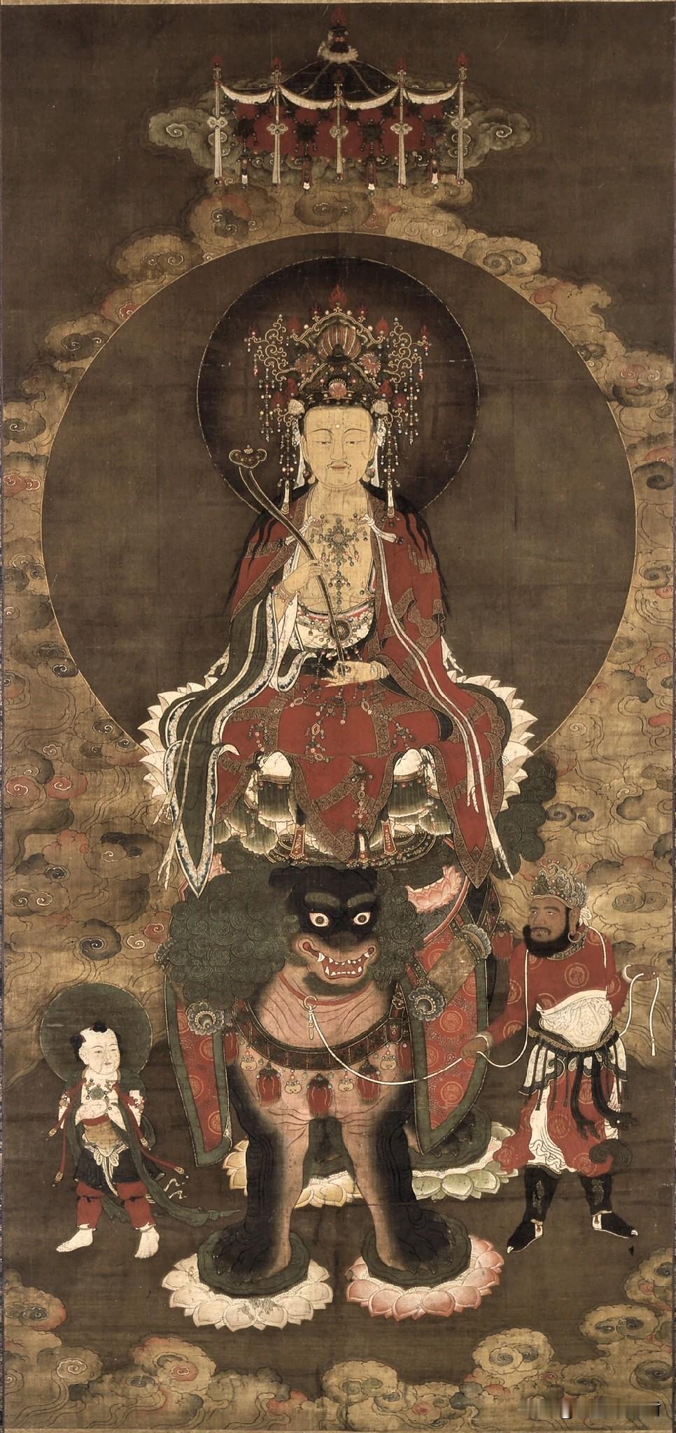 少见带胡须的文殊古画！明代绢本，留存宋画风骨
 
见过无数温婉女相的观音，你见过
