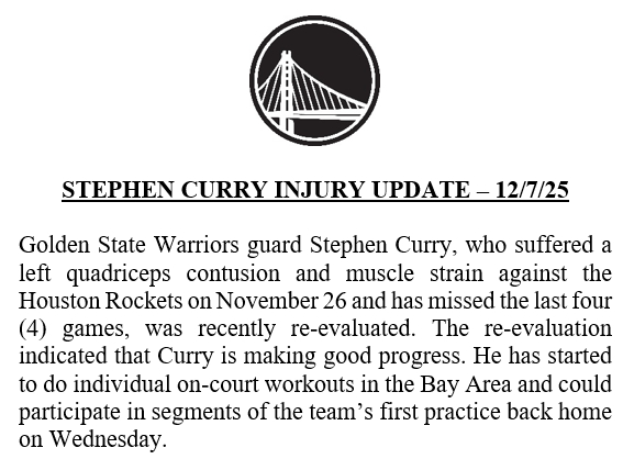 勇士官方宣布库里可能会在周三“参加部分”球队训练库里也有望在周六主场对阵森林狼的