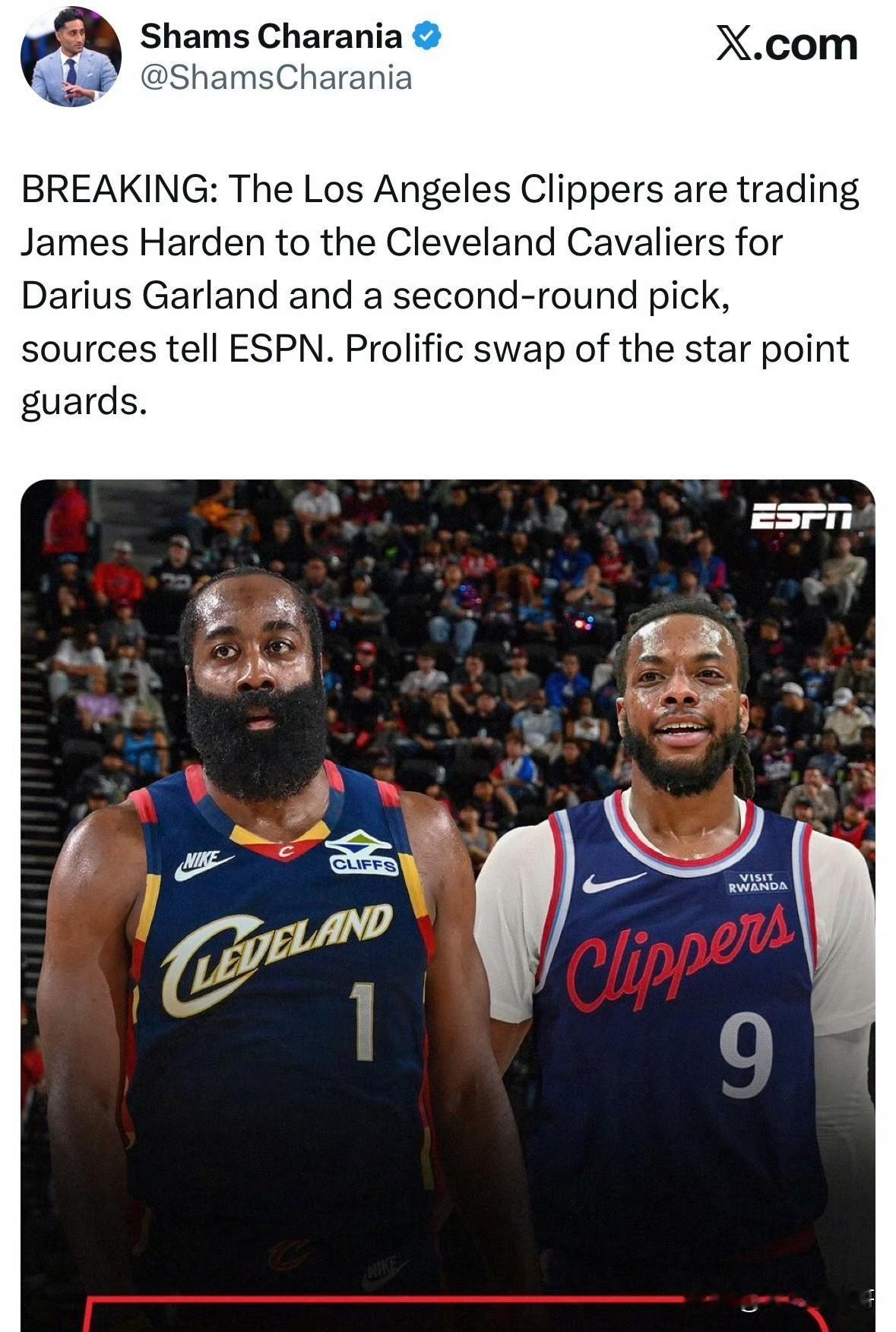 快船天塌了！！！快船交易哈登至骑士，换回加兰和一个次轮签！

根据记者Shams