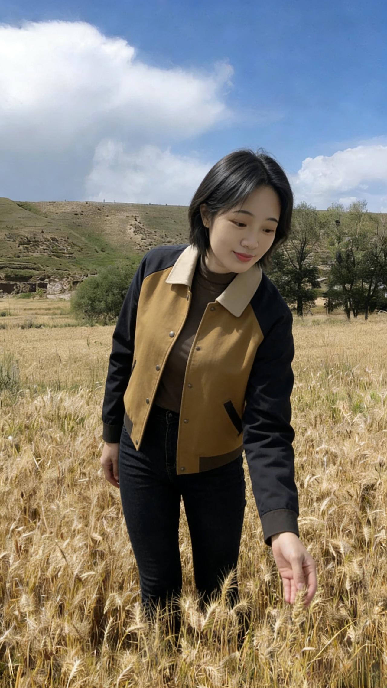 手抚金黄穗，心随野风轻。
晴川香满袖，天地立娉婷。