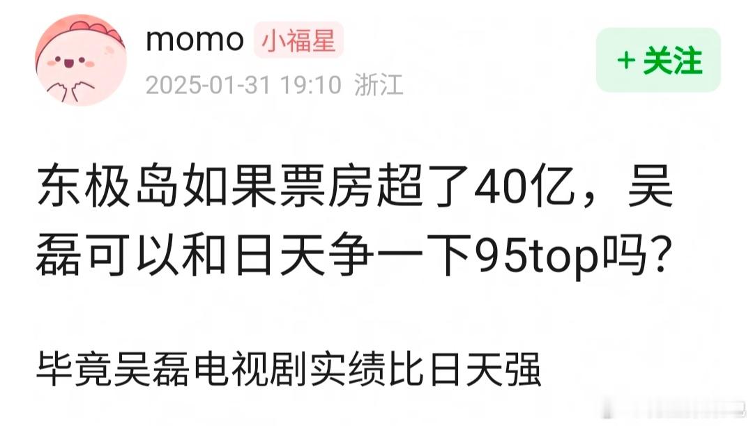 网友问 东极岛如果票房超40亿，吴磊可以和刘昊然争一下95top吗？ 