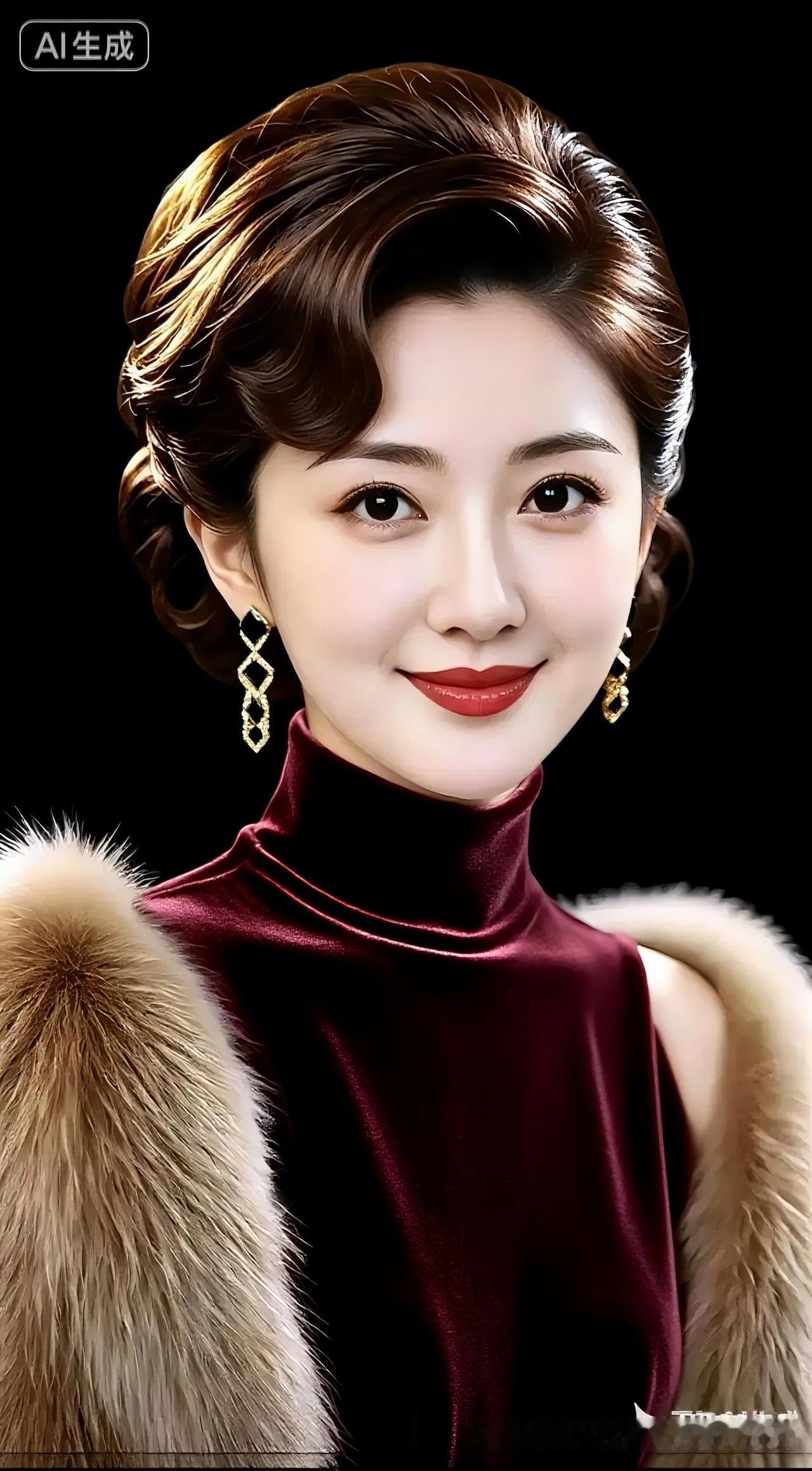 女子深棕蓬松大波浪卷发，佩戴黑金镶钻几何耳饰。身着黑色丝绒修身服饰，颈间棕底金纹
