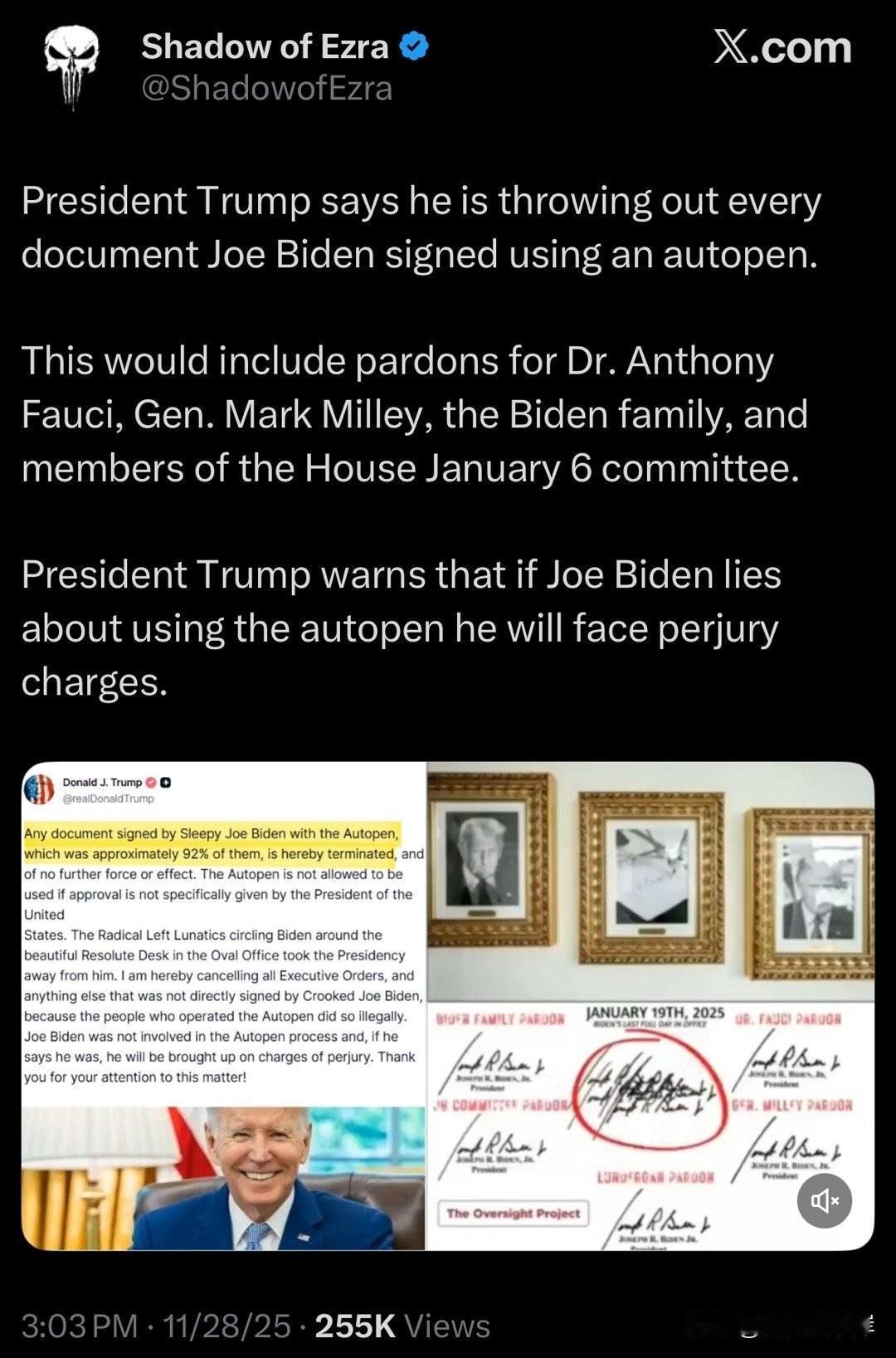 川普总统表示，他将废除所有由 Joe Biden 使用自动签名笔签署的文件。
这