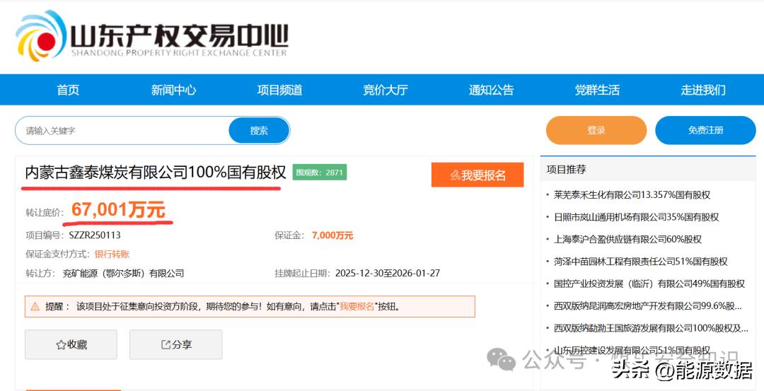 近日，山东产权交易中心挂出一则国有股权转让公告，兖矿能源（鄂尔多斯）有限公司拟出
