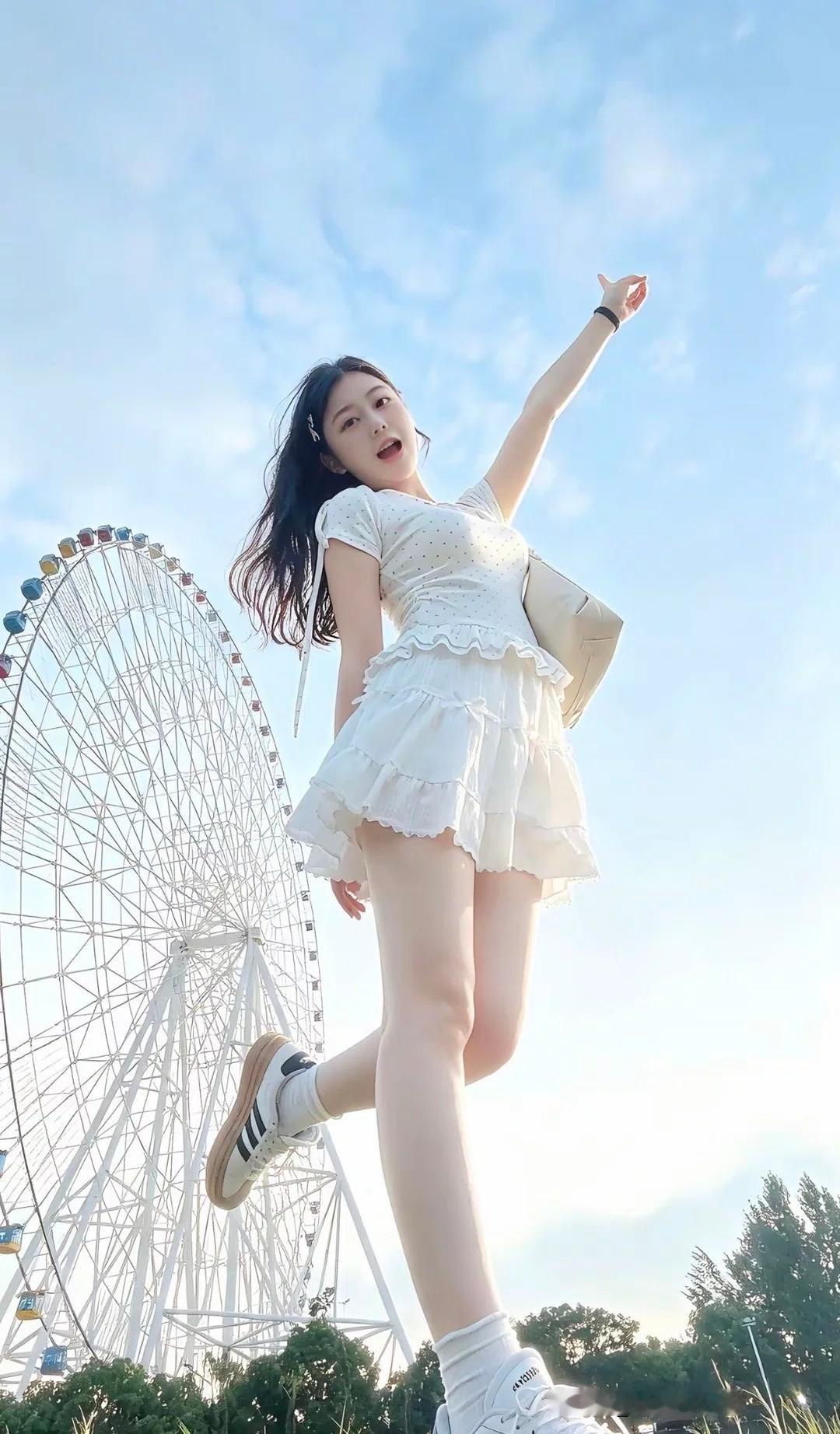 在摩天轮下，少女轻盈跳跃，捕捉美好瞬间！🎡💃🌞摩天轮摄影 漂亮小姐姐