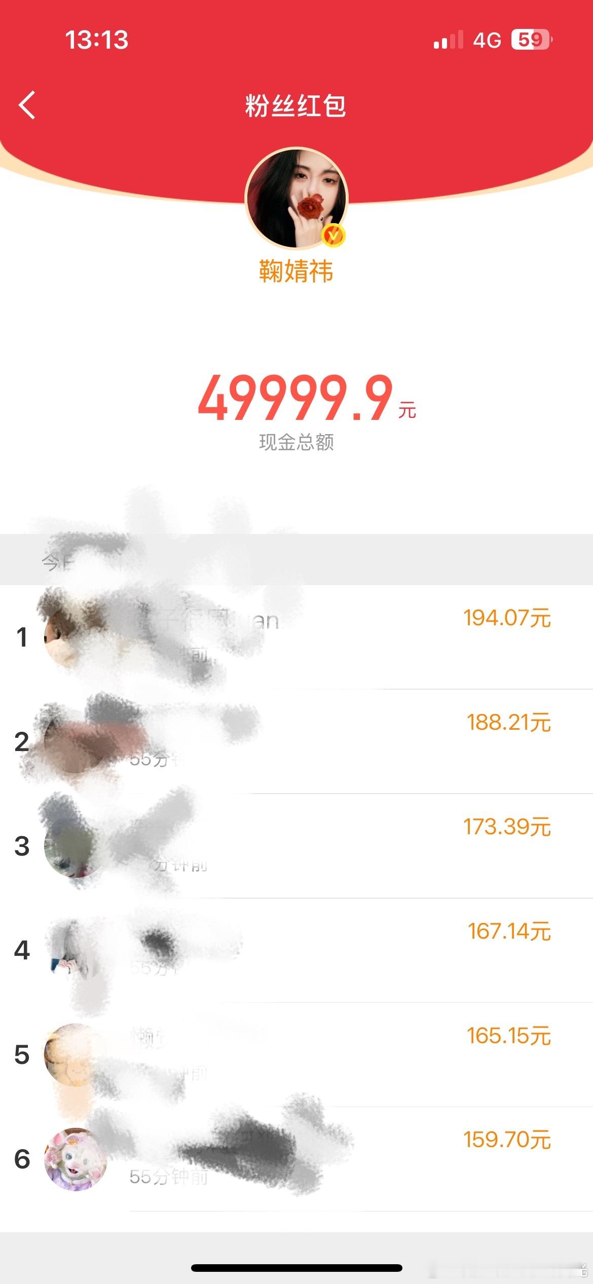 鞠婧祎20万红包真不愧是鞠姐啊，一下子发四个红包合计20w，看了眼排行榜一个红包