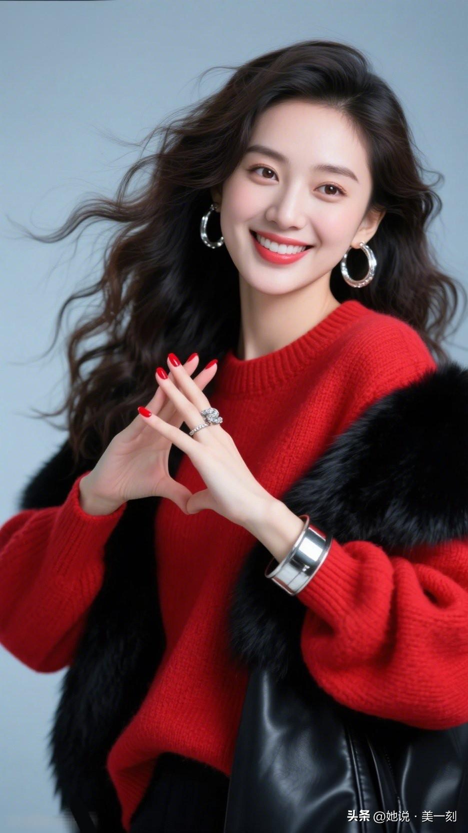 甜美红衣少女，微笑比心，时尚穿搭指南。什么样的女人最令人着迷