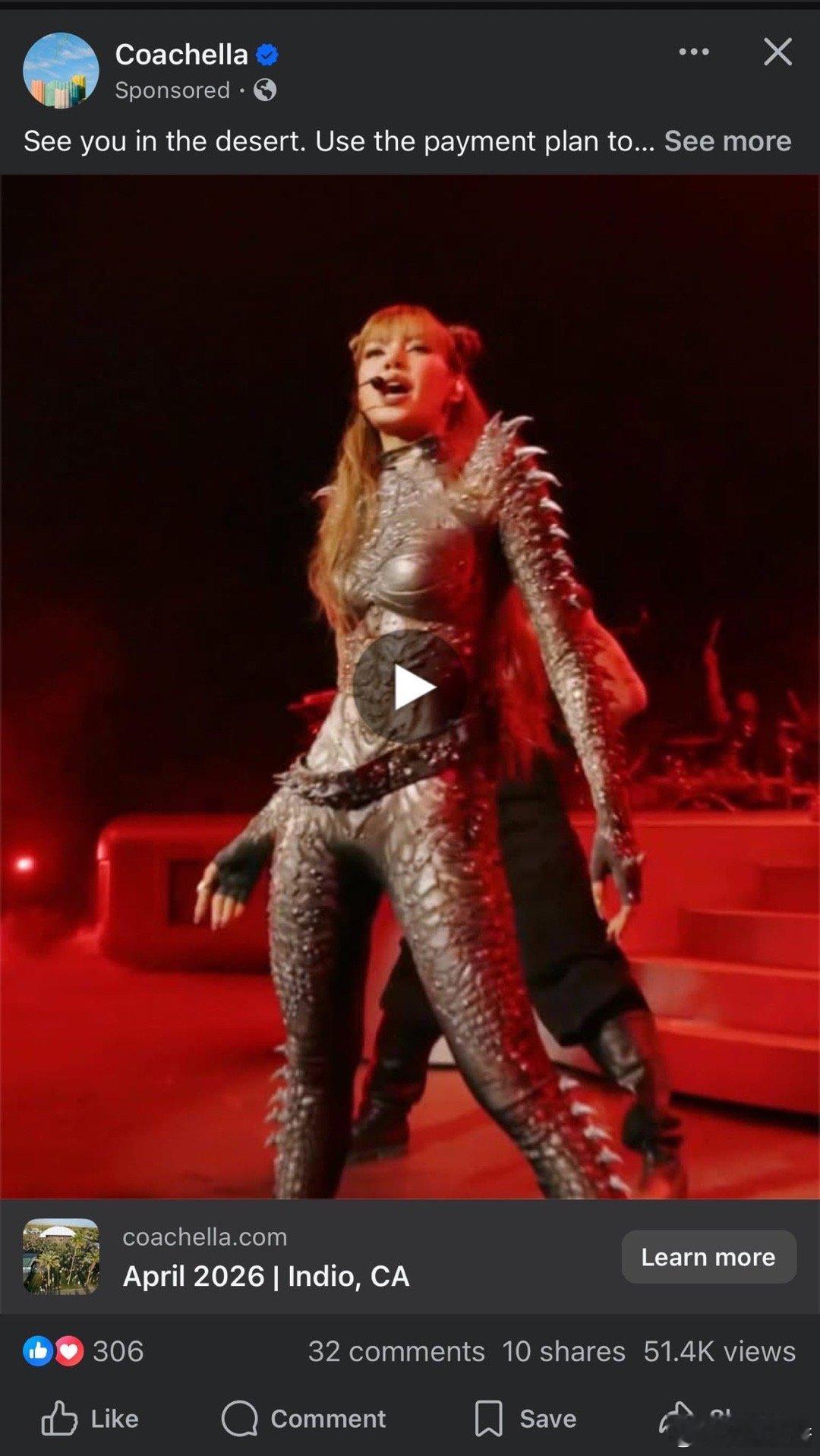 Lisa登上了Facebook上2026年科切拉音乐节广告的封面 ​​​