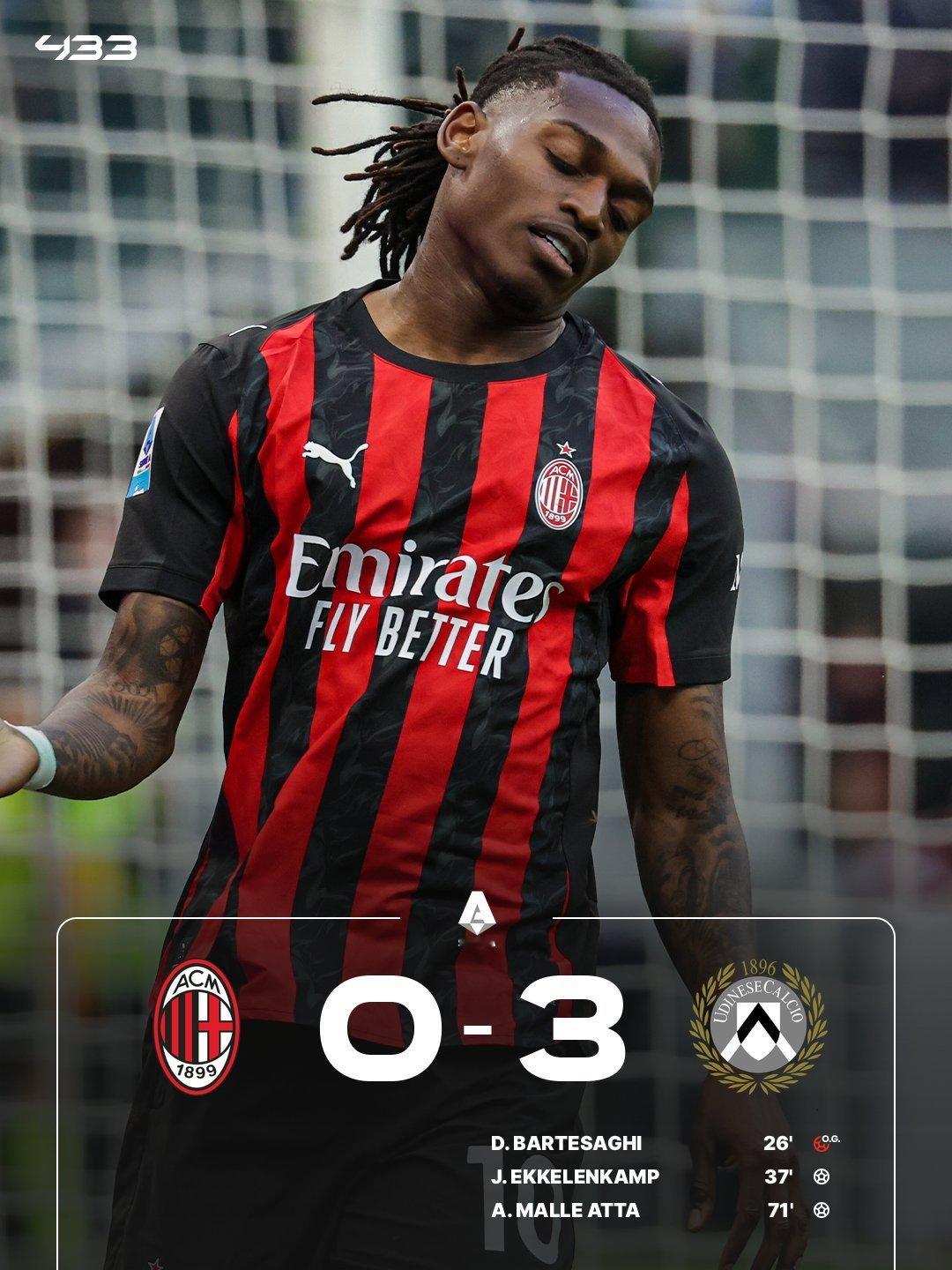 【赛果】 2025-26赛季意甲联赛 第32轮：🔴⚫️ 米兰主场0：3负于乌迪