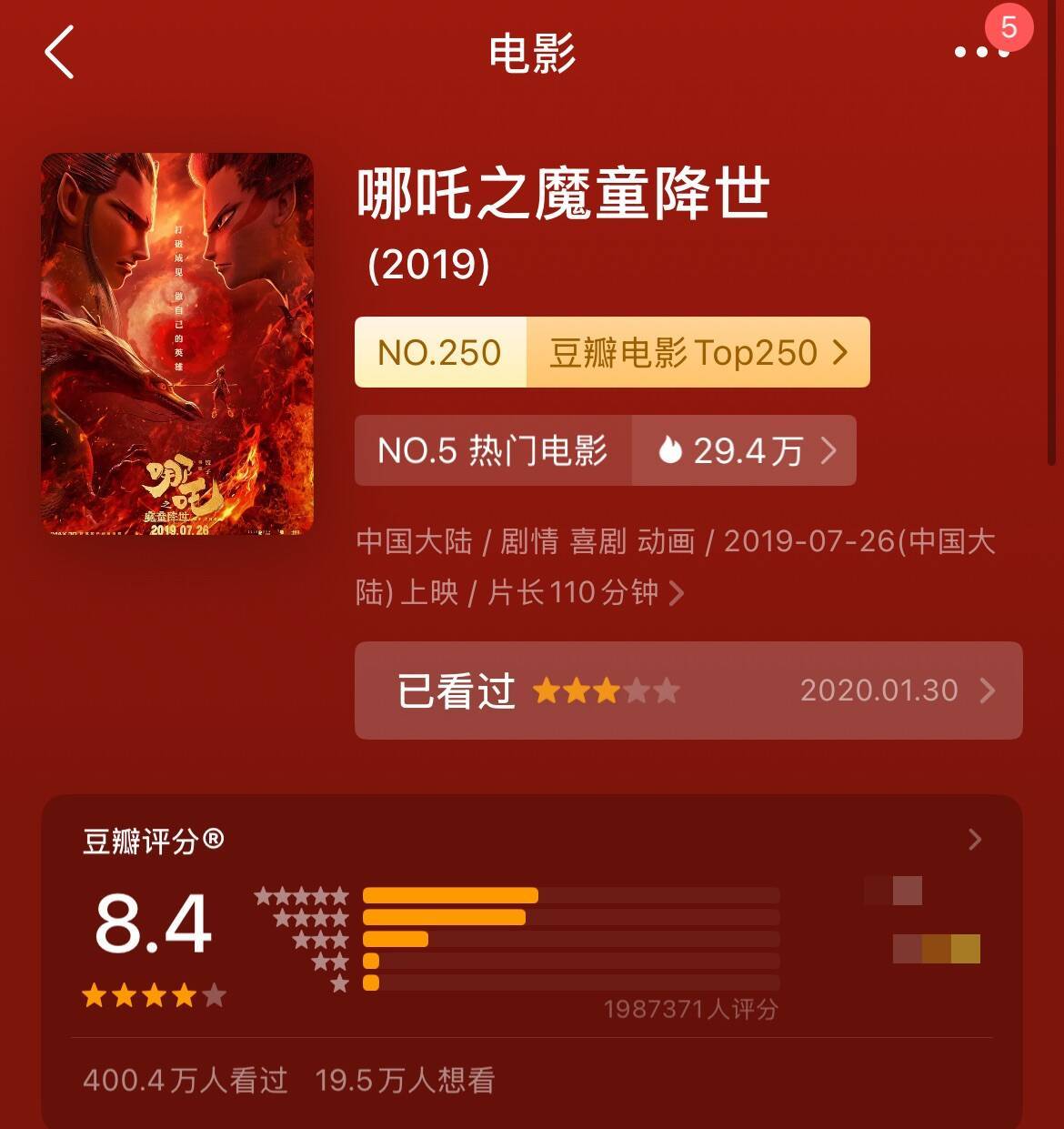 动画电影《哪吒之魔童降世》已进入豆瓣电影榜单Top250。续作《哪吒之魔童闹海》