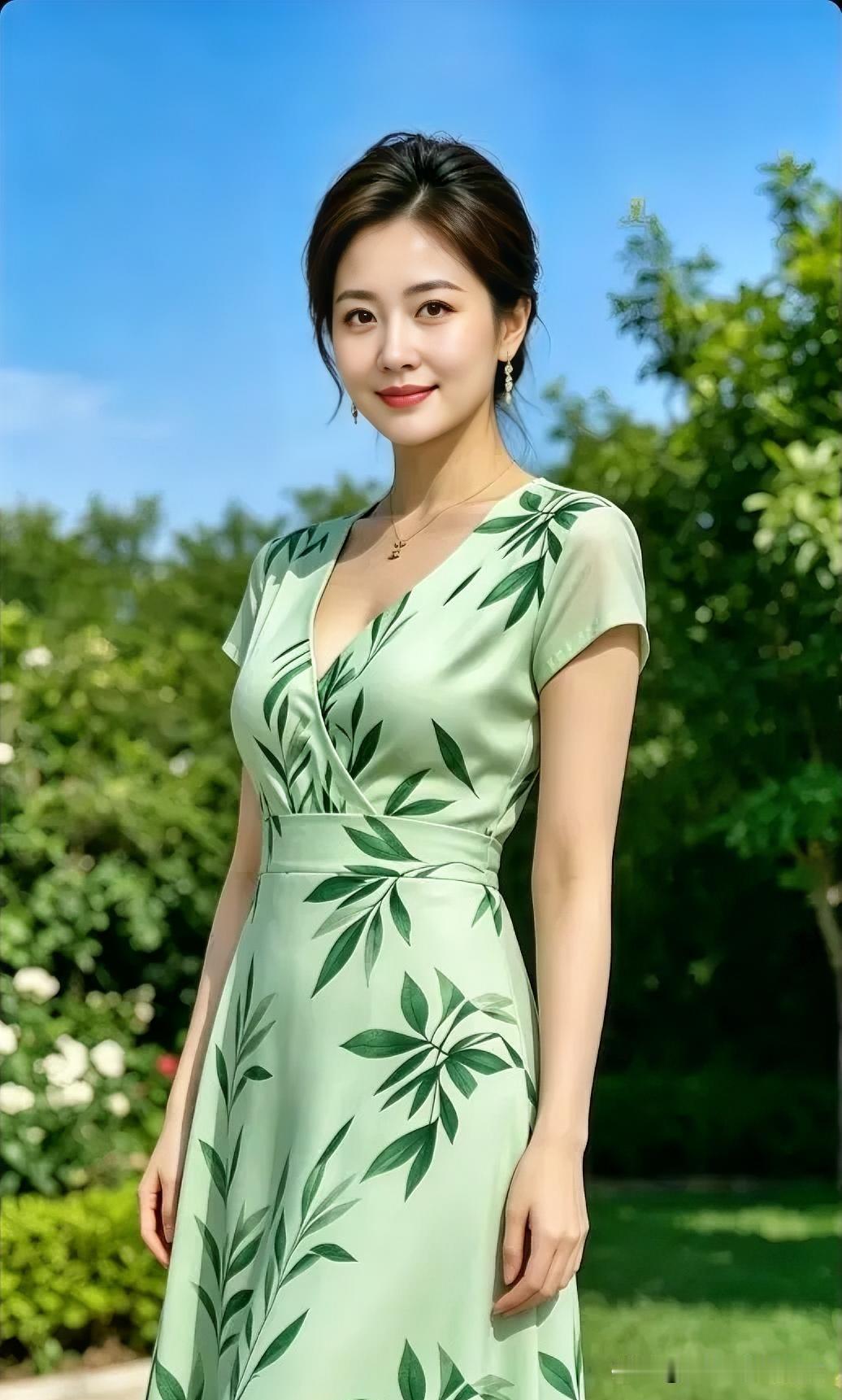 浅绿裙装绘绿叶，户外晴空下。姿态自然，于清新中展现优雅与活力。
