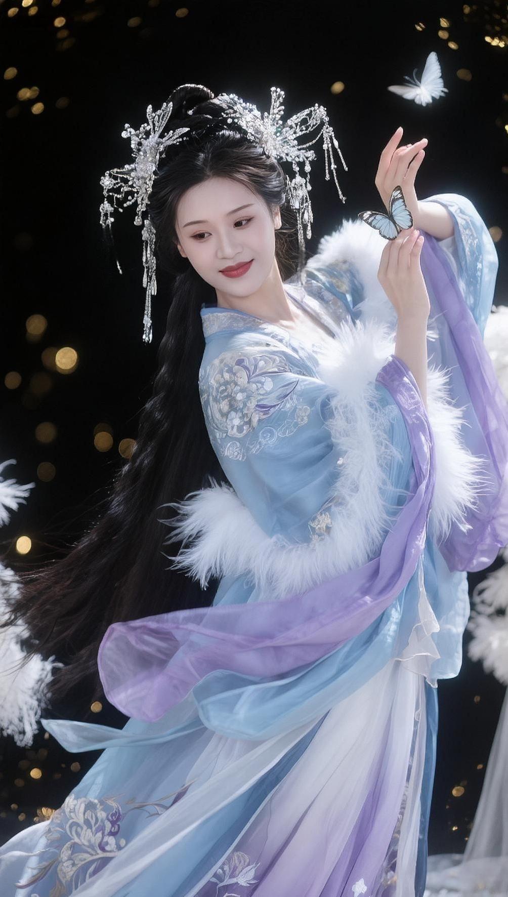 云钗垂碎雪，羽袖曳烟光。
蝶落春梢指，衣裁月魄霜。
风牵长发软，灯缀夜痕长。
一