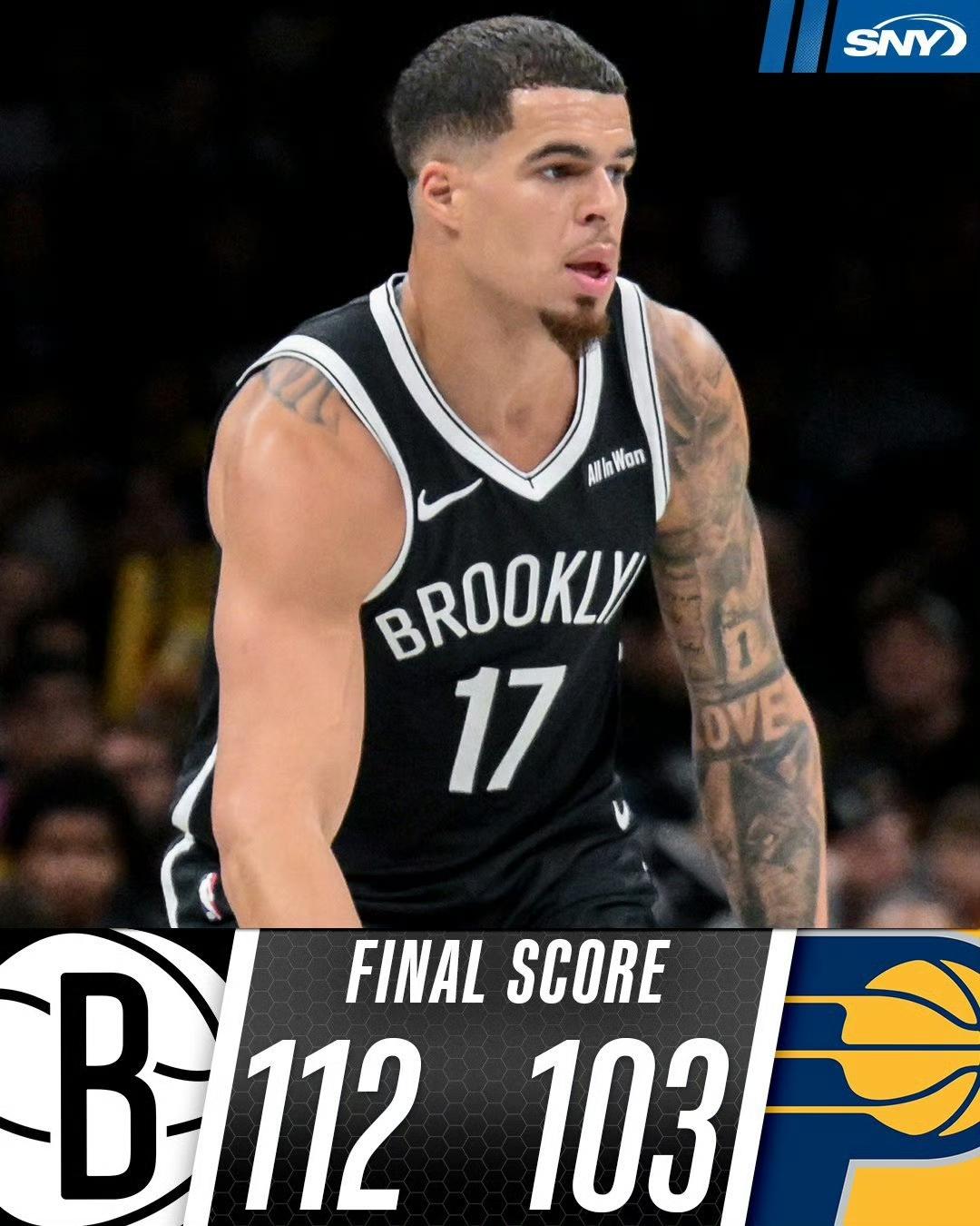 步行者连联盟倒数第一也打不过了！

今日，篮网终结七连败！他们以112-103击