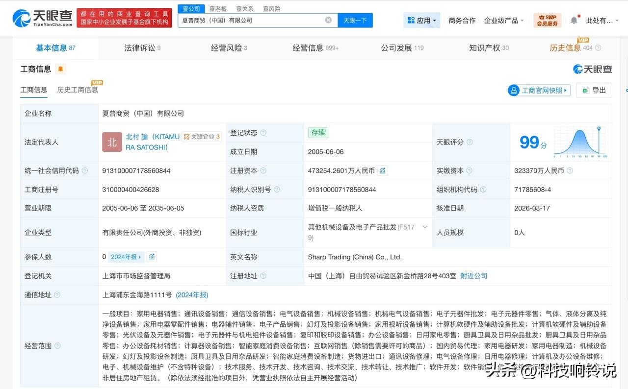 【夏普商贸中国公司增资至47.3亿 增幅约46%】
天眼查工商信息显示，近日，夏
