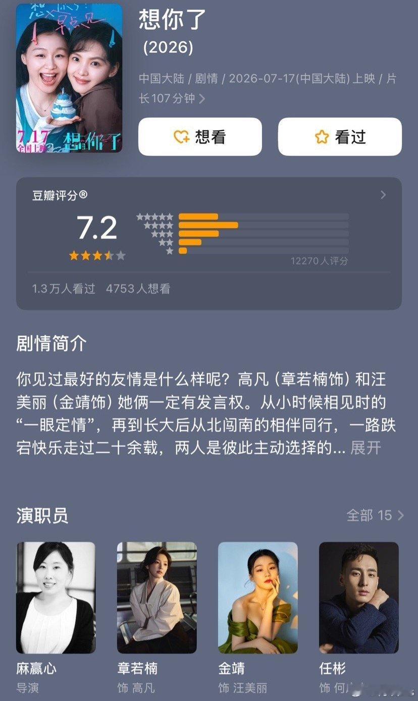 章若楠、金靖主演电影《想你了》开分7.2 ，高了低了？ 