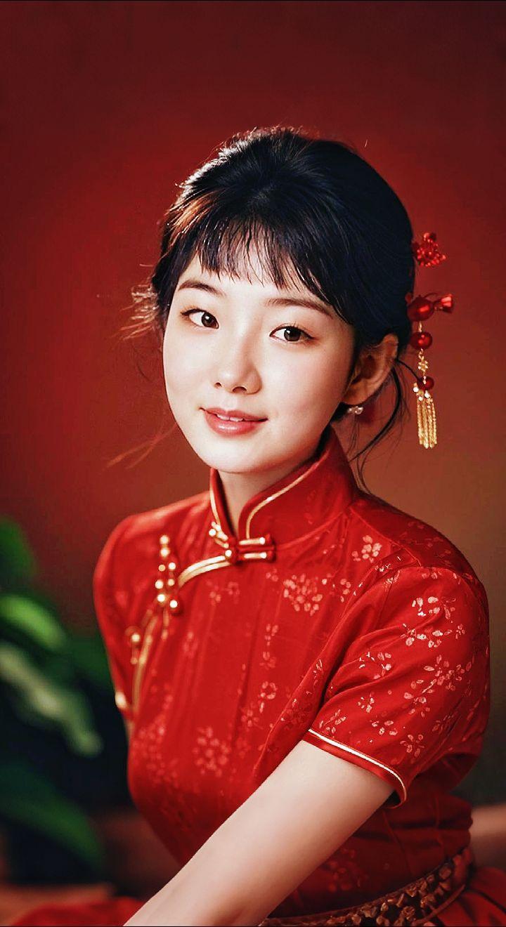 AI扩图 AI红裙浅笑