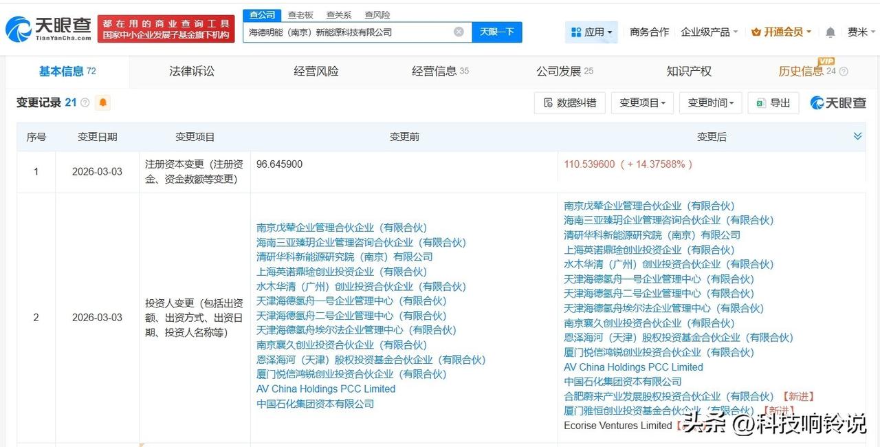 【蔚来资本等入股海德明能】
天眼查工商信息显示，近日，海德明能（南京）新能源科技