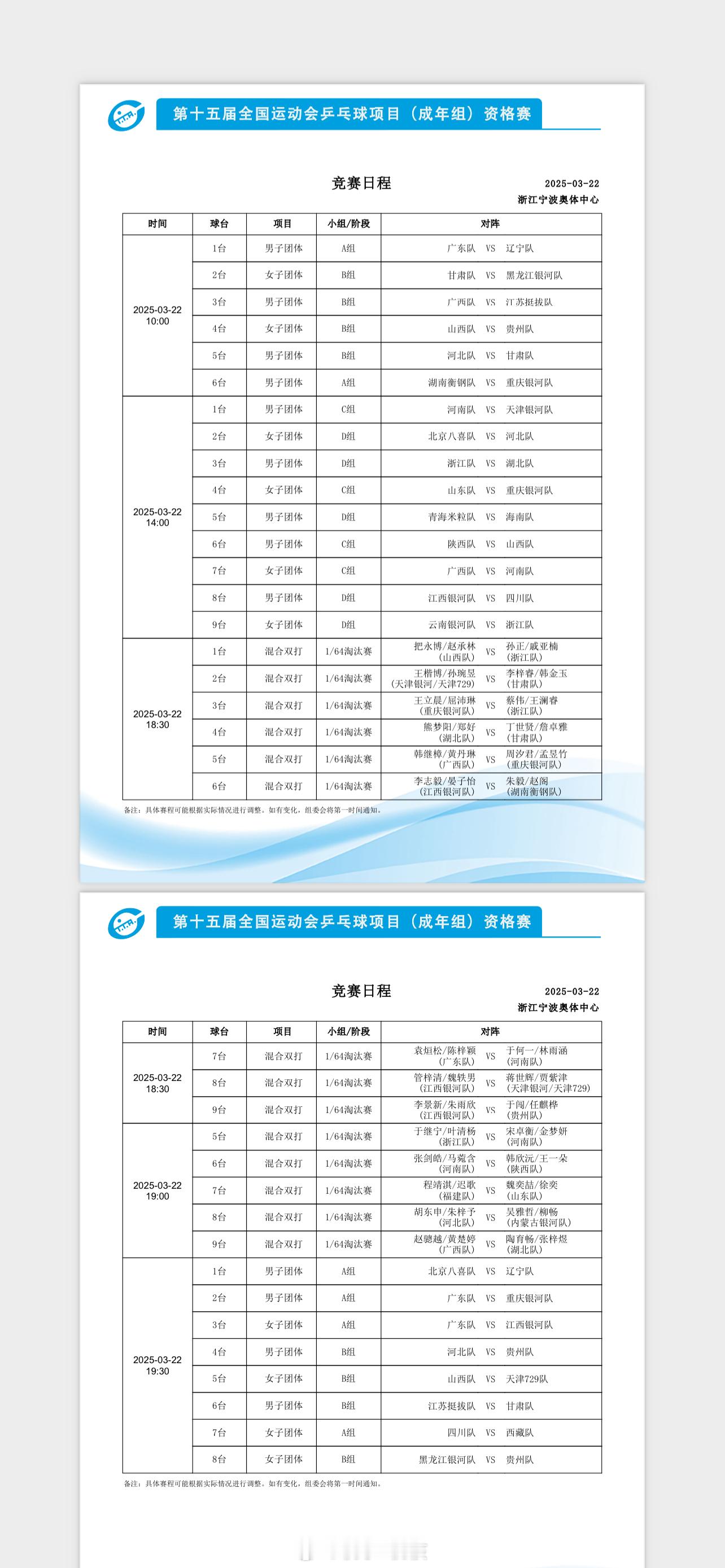 全运会乒乓球资格赛 22日竞赛日程及各单项对阵表。 ​​​