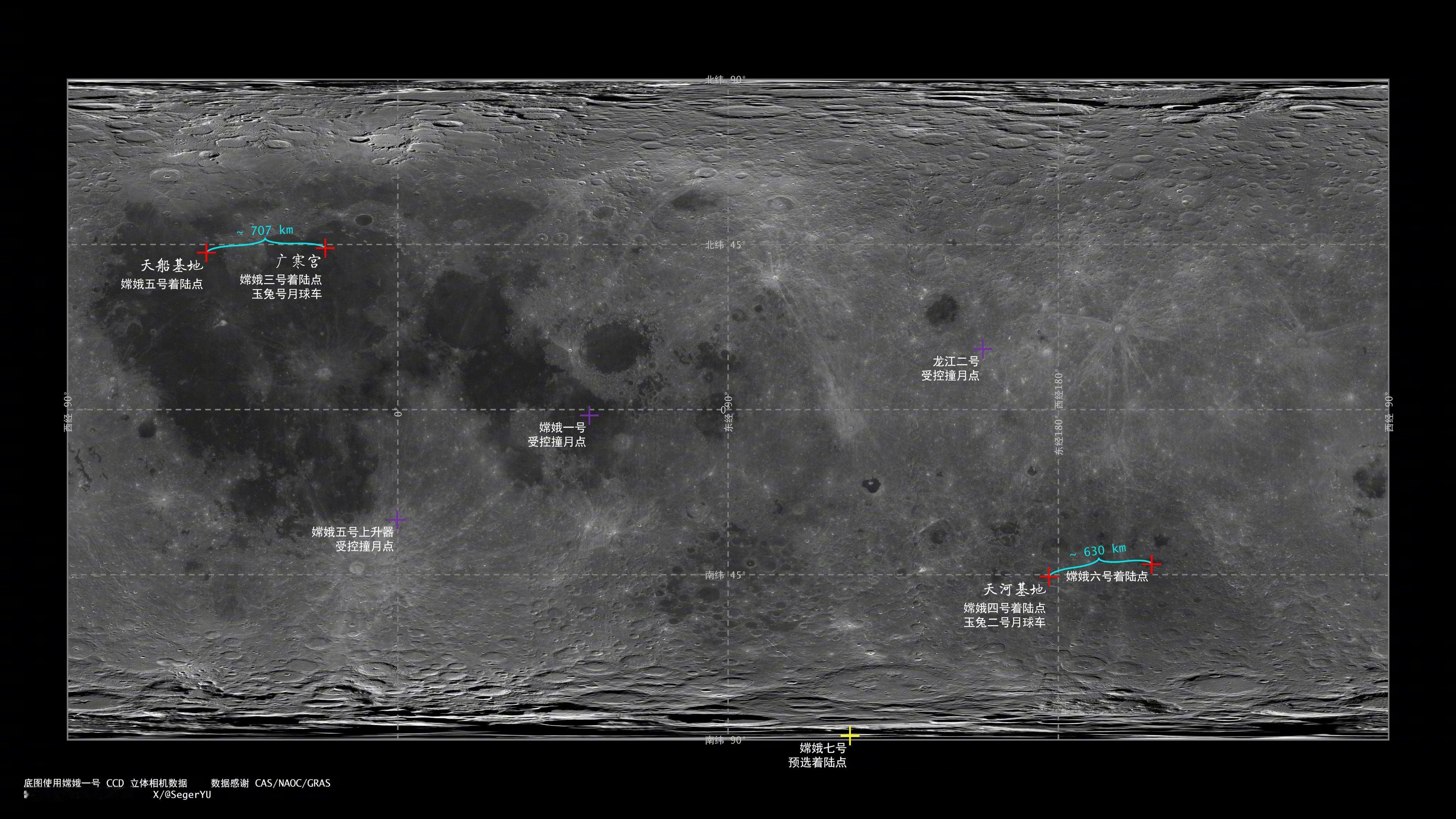 CE3嫦娥三号着陆器（广寒宫）距离CE5 嫦娥五号着陆器（天船基地）大约707k