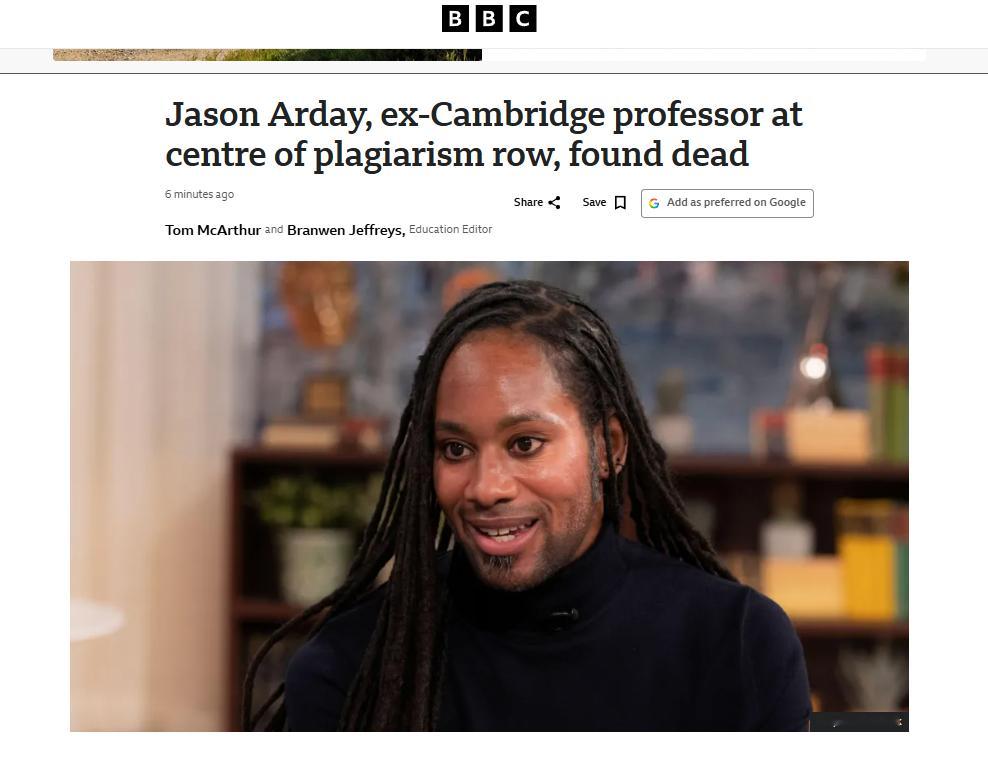 前剑桥历史上最年轻的黑人教授被指出学术抄袭后不幸自杀身亡。虽然警方还没有明确说是