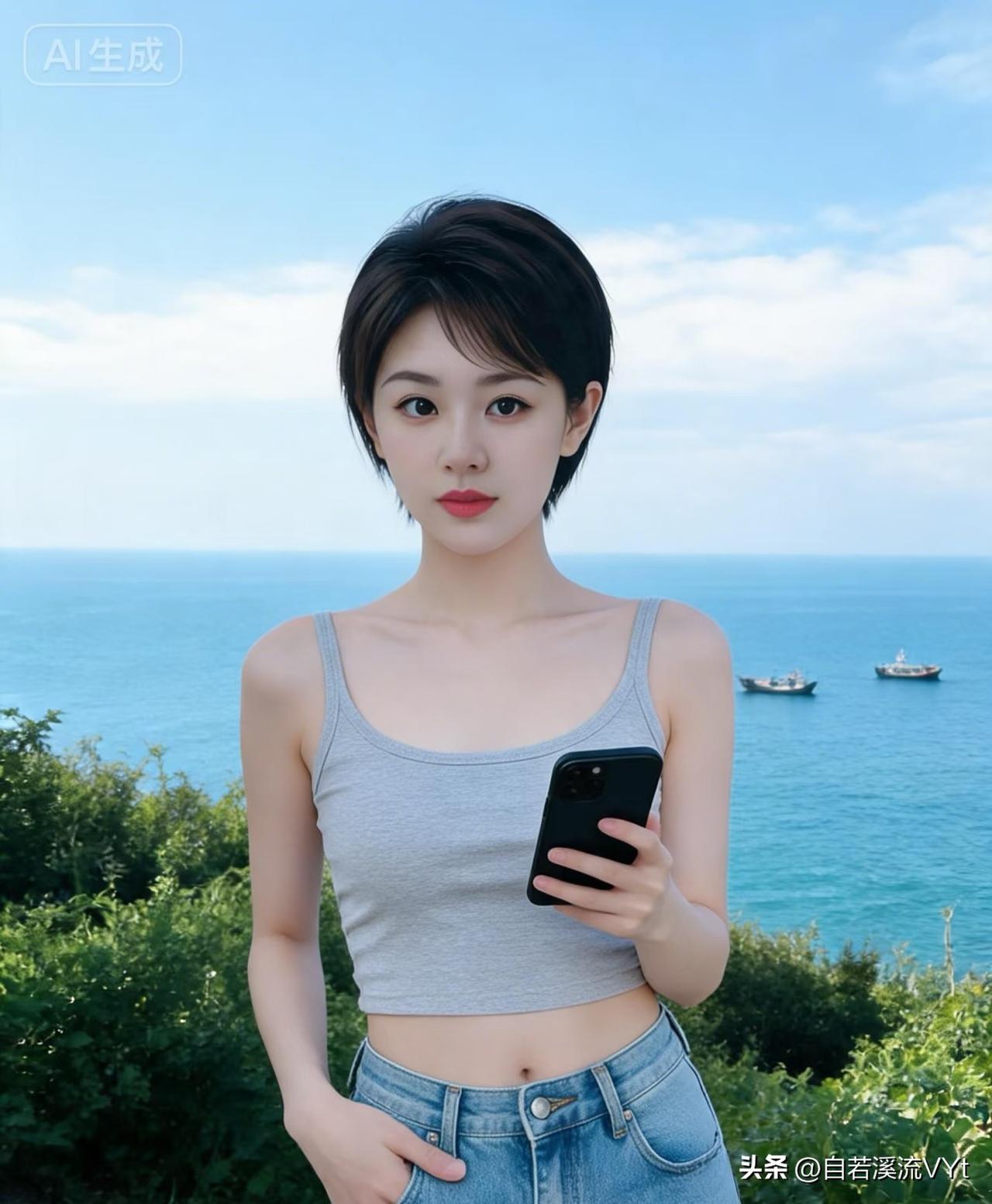 卜算子·观海
 
短发趁风轻，碧海连天渺。
晴日波光照眼明，人在清欢里。
一握手