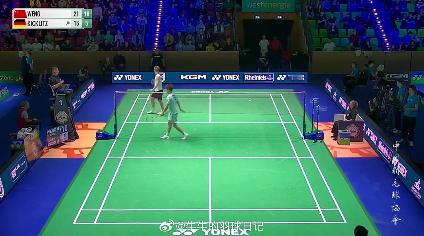 男单 1/8赛 翁泓阳(5) 21-15 11-5 基克利茨2026年德国羽毛球