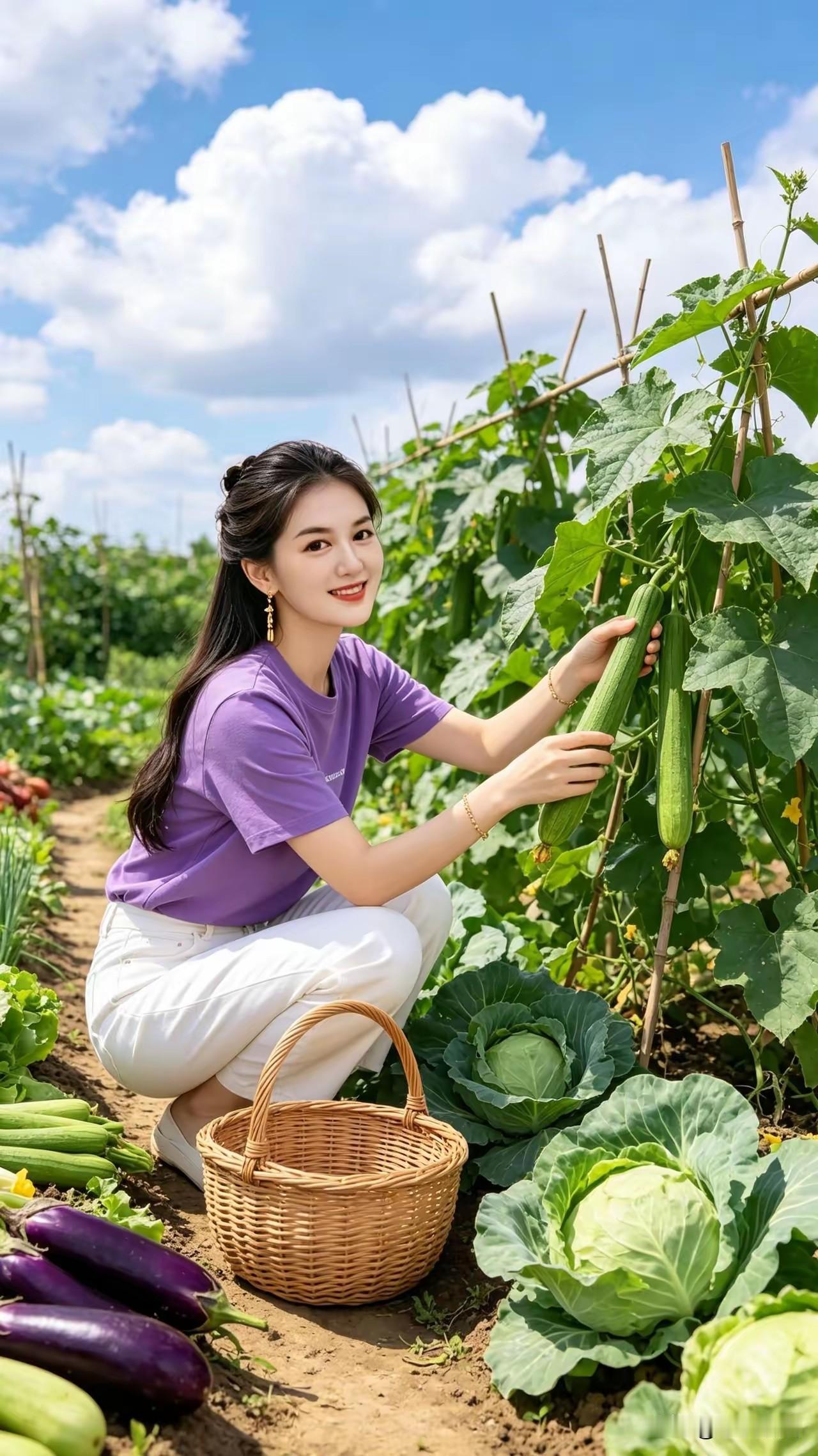 七绝～文/小溪若岚
绿蔓青瓜满架垂，
阳光照耀蜜蜂飞。
提篮蹲下轻轻扭，
收获开