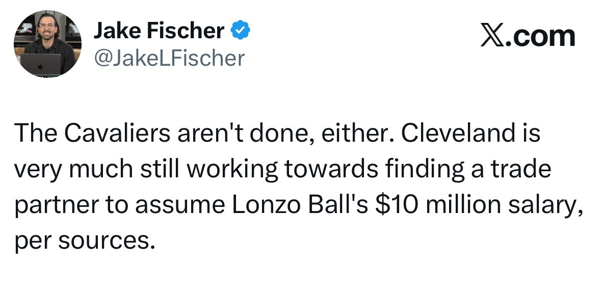 骑士队的运作也尚未结束。据消息人士透露，克利夫兰仍在努力寻找交易伙伴来承担朗佐·