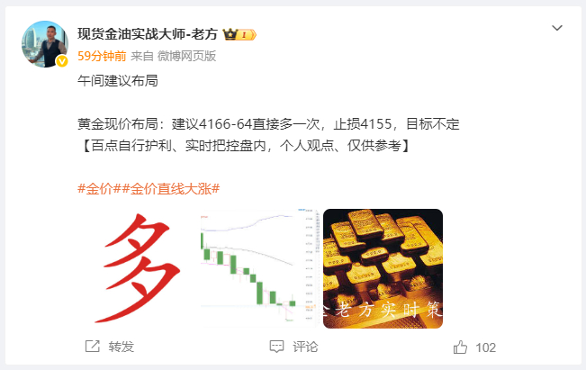黄金布局的4164位置多单，最高已涨至4171位置呈现70点利润。今天全天看空，