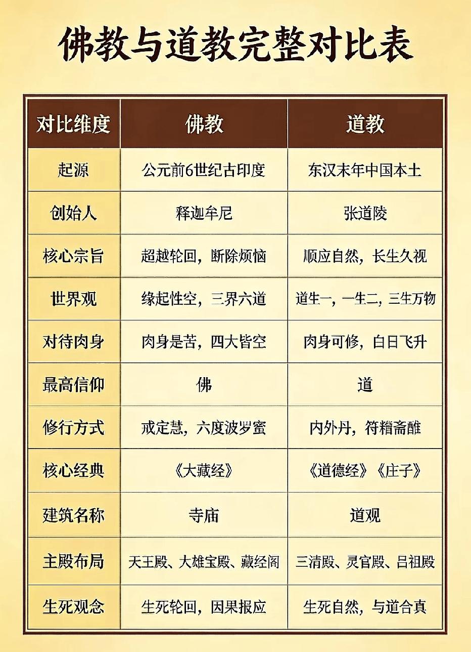 在中国民间广为流传的佛教与道教，究竟两者有什么本质的不同？

可以说，一张图罗列