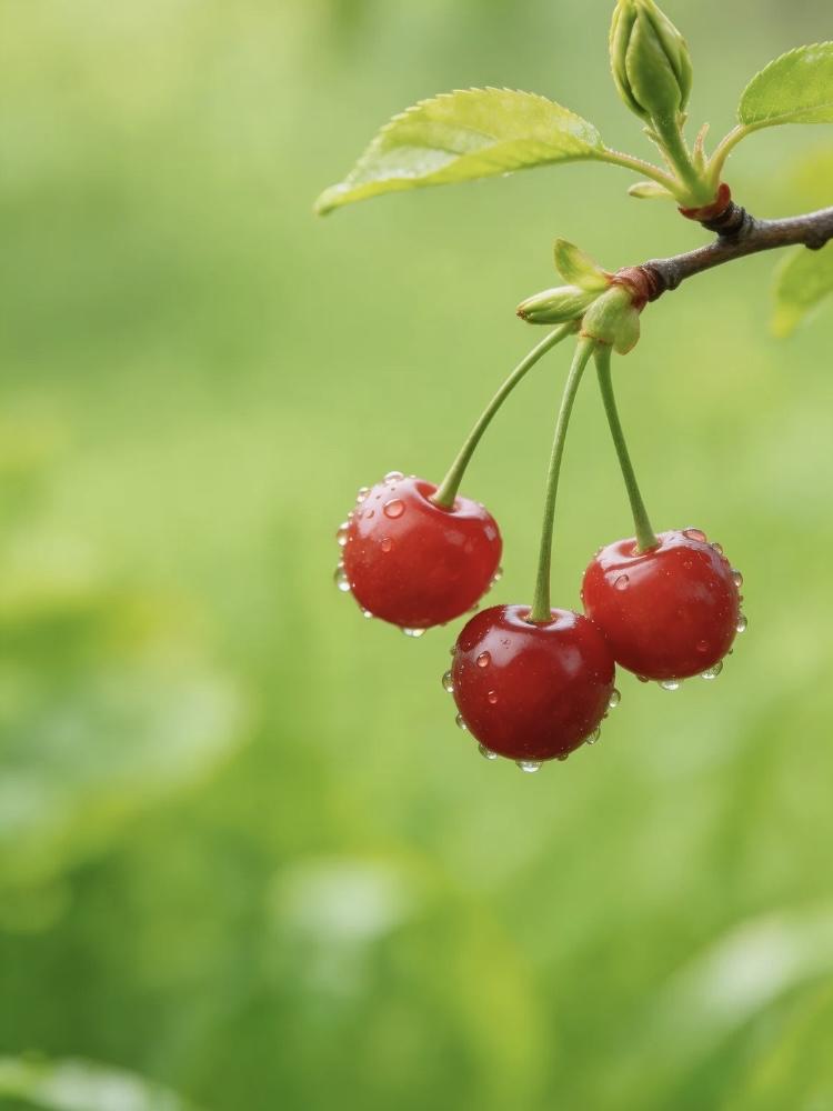 清晨露珠点缀的樱桃，清新自然，美不胜收！🍒💧
