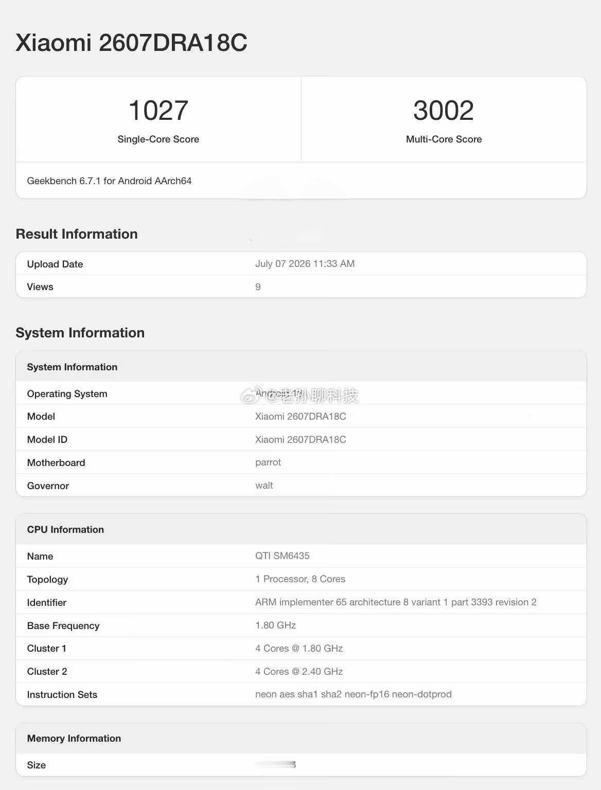 海外跑分平台GeekBench曝光小米旗下一款手机跑分数据数据单核成绩为1027