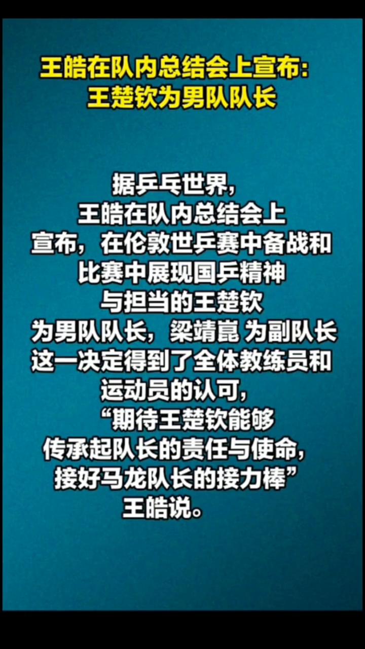 王皓在队内总结会上宣布：王楚钦为男队队长。
据乒乓世界。
王皓在队内总结会上宣布