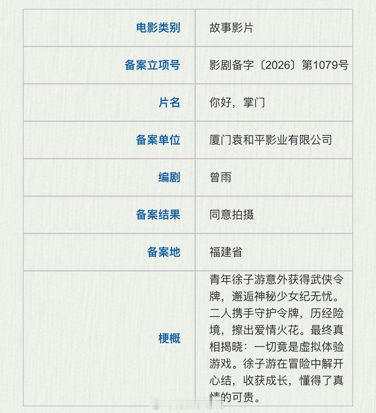 电影《你好，掌门》备案出品：袁和平影业编剧：曾雨（笔名：今何在）你好掌门 梗概：