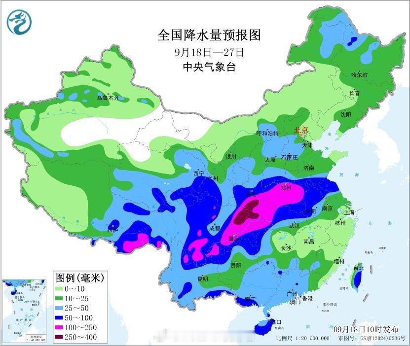 未来10天（9月18-27日），华西地区至黄淮、江淮一带及西藏东部、华南南部等地