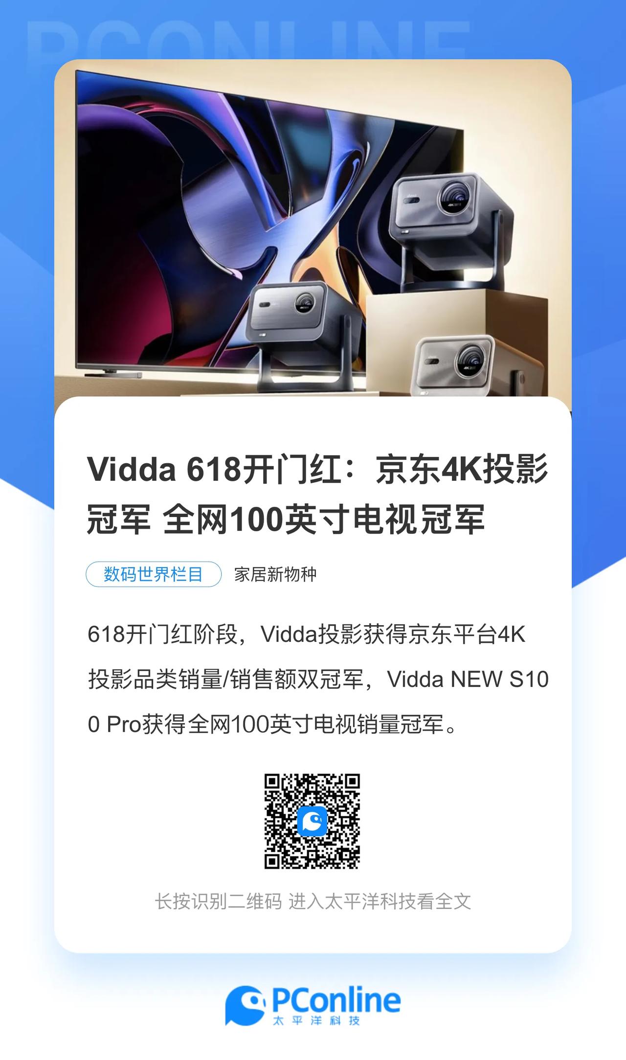 618开门红阶段，Vidda投影获得京东平台4K投影品类销量/销售额双冠军。同时