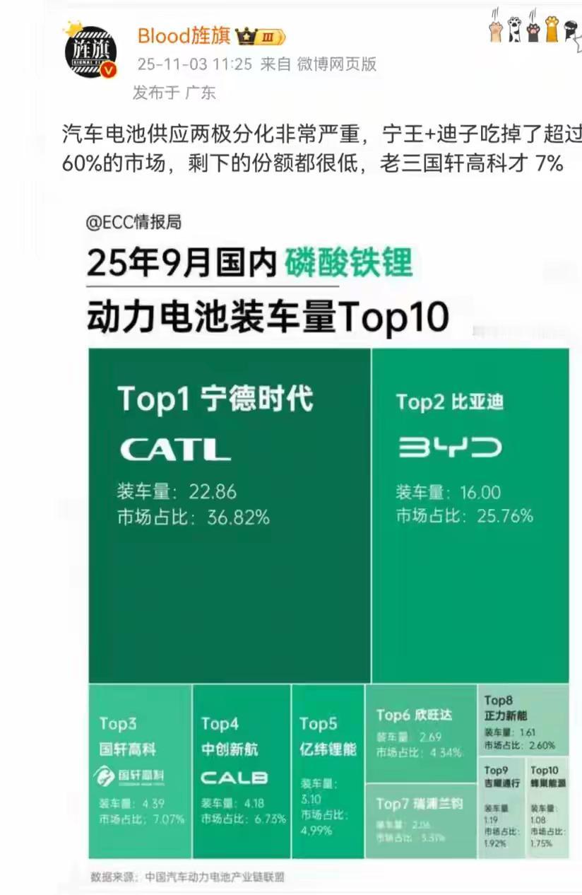 当宁德时代以 36.82% 的市场占比稳居磷酸铁锂动力电池装车量榜首，比亚迪以 