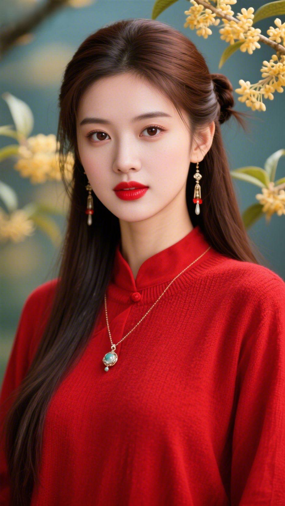 红衣伴桂香
 
风裹着桂子的甜意漫过肩头，那簇明黄衬得她身上的红，成了秋光里最暖