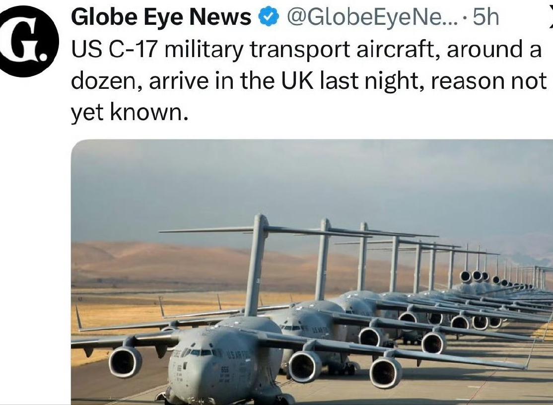 十架C-17美军运输机昨晚飞抵英国，随后到了美军德国基地，引起各方猜测。

十架