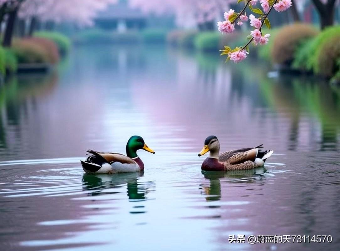 湖面微波荡漾，野鸭悠然相对，粉樱点缀，春意盎然，给湖面增添了几分浪漫。