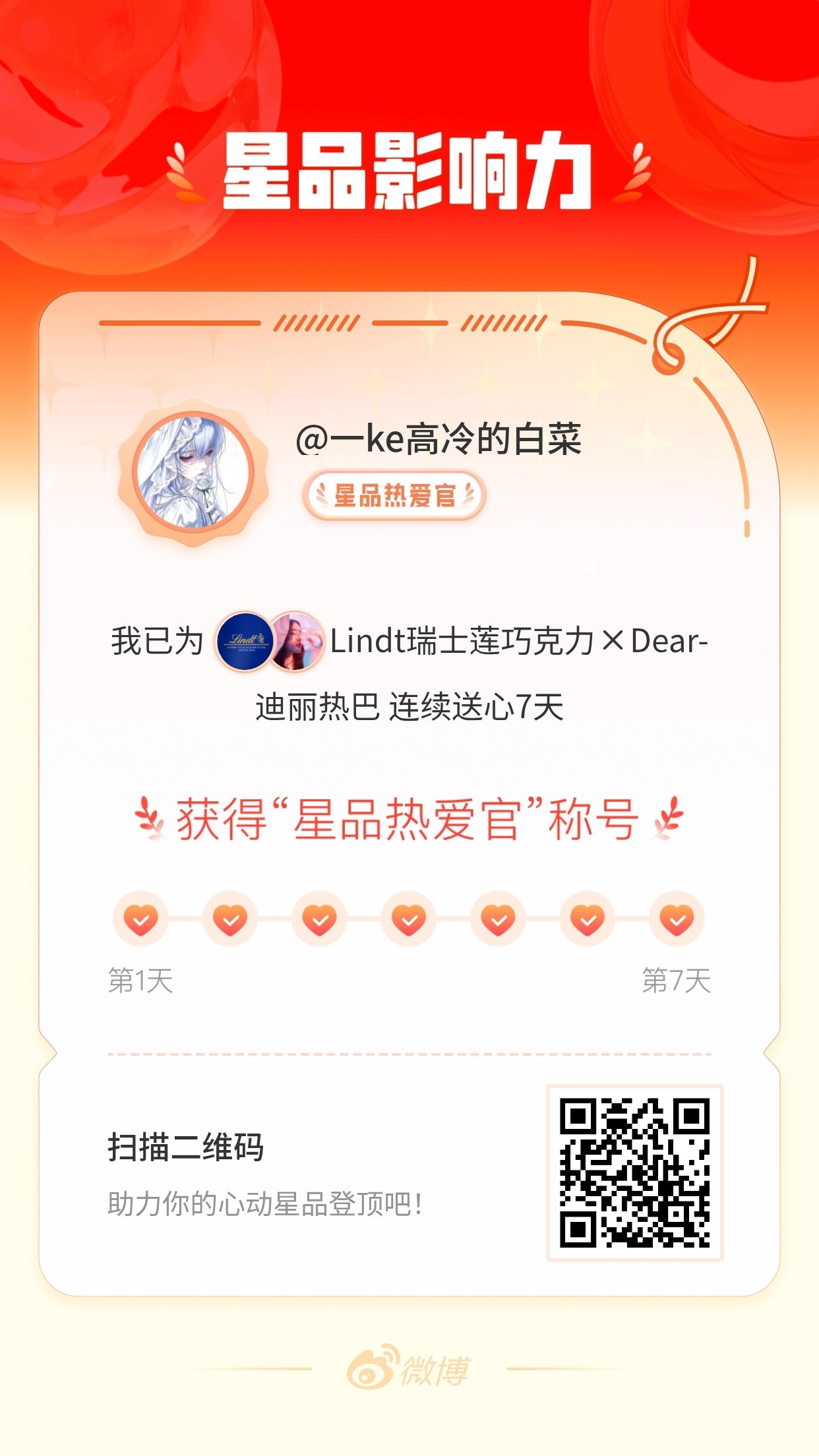 我在星品影响力上为 X 连续送心7天，获得“星品热爱官”称号！快来一起pick你