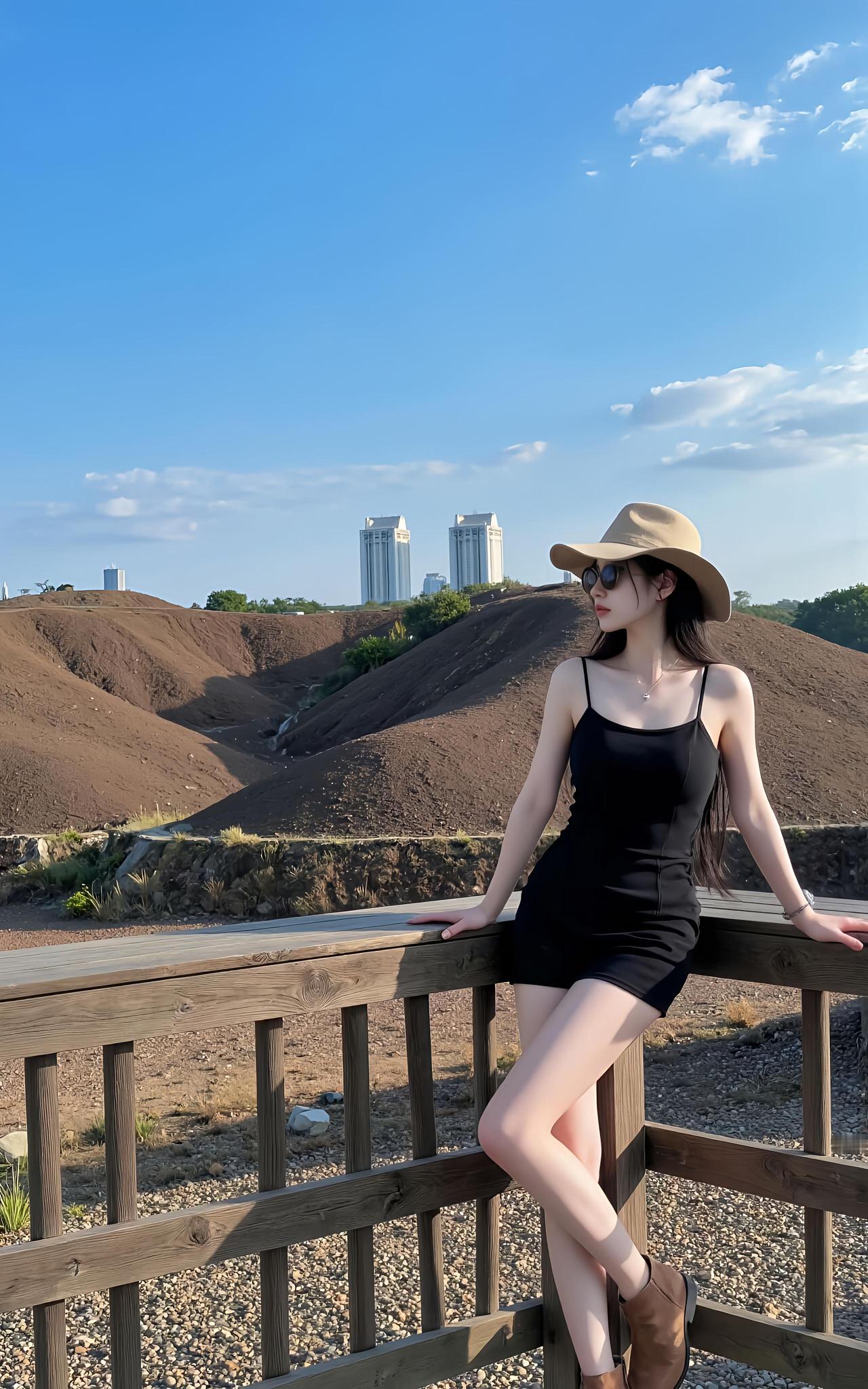 一个女孩在木栏杆旁享受阳光。可以分享一张你拍的天空美照吗 吊带背心搭配什么样的裙