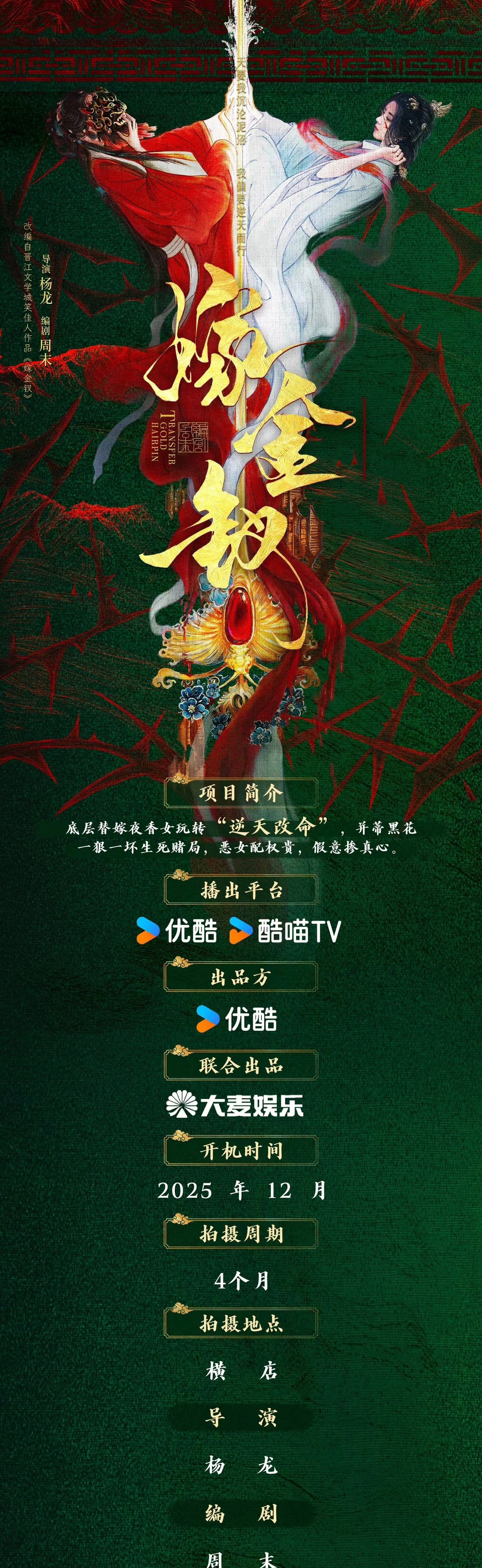 田曦薇、闫桉《嫁金钗》组讯，导演：杨龙，编剧：周末，12月中旬横店开机，拍摄周期