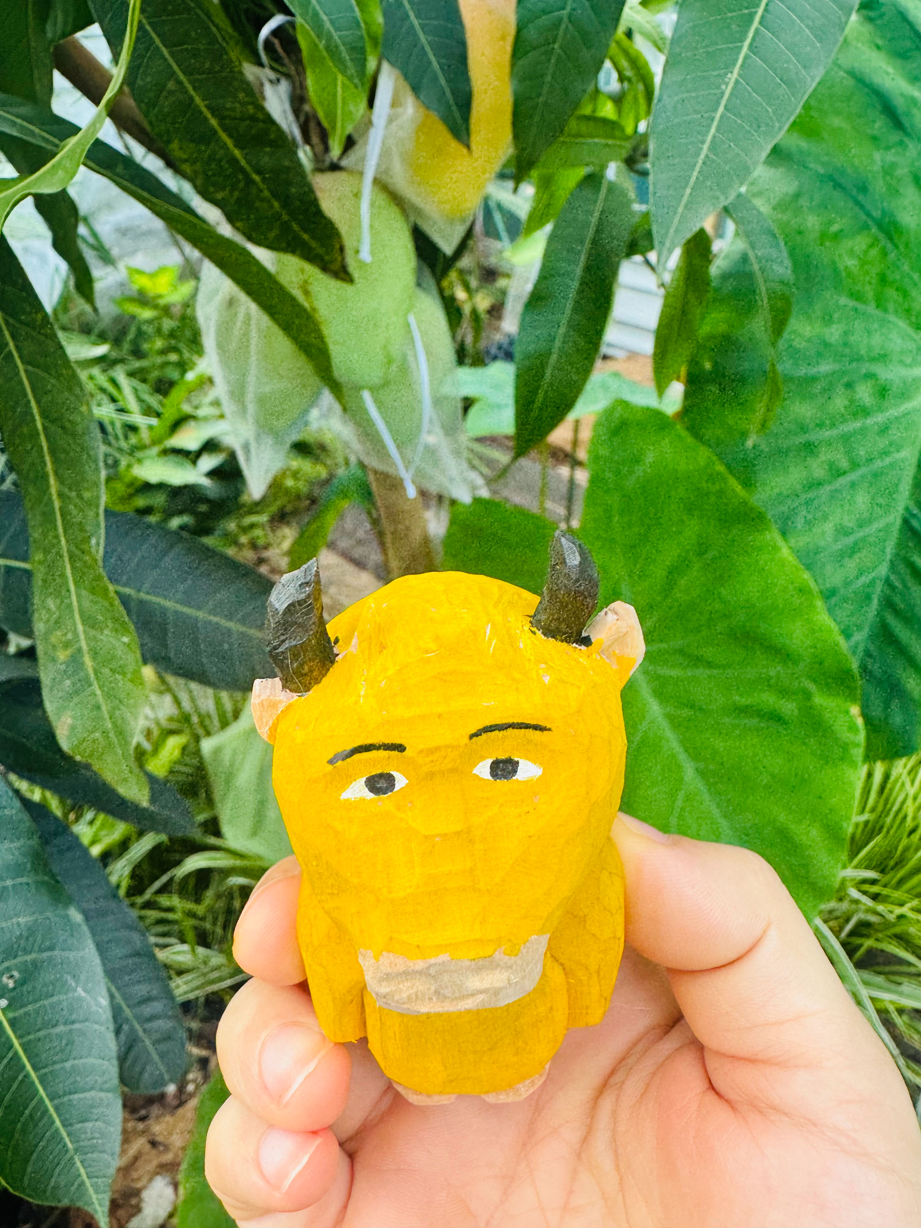 用木头雕了一个牛来