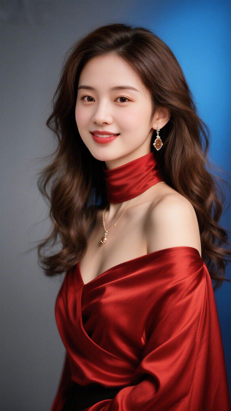 红绸凝韵展风华
 
冷调的蓝灰背景前，一袭红绸裙装如燃透的晚霞，将明艳与雅致揉成