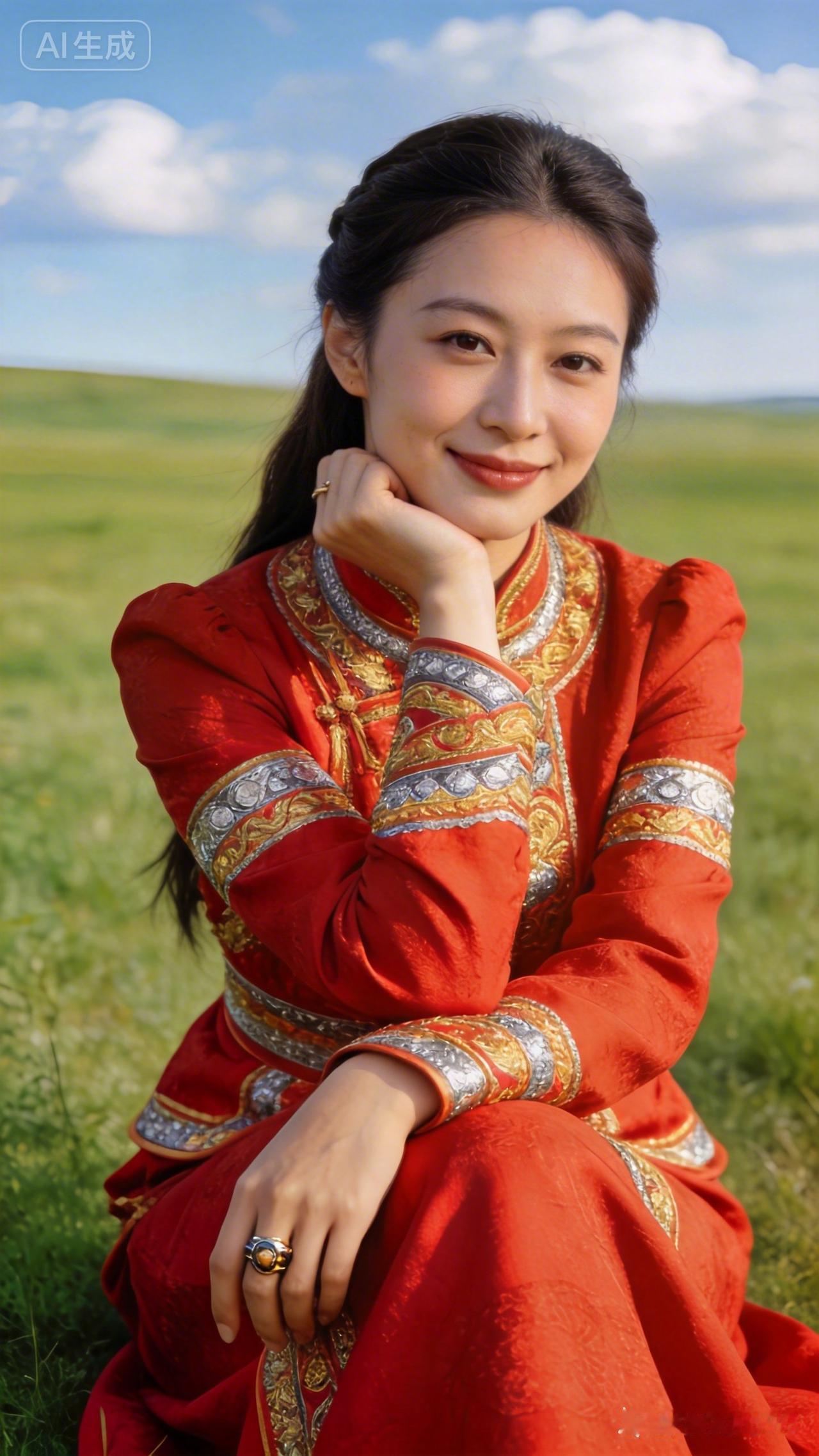 一个姑娘坐在草地上，微笑着看镜头。