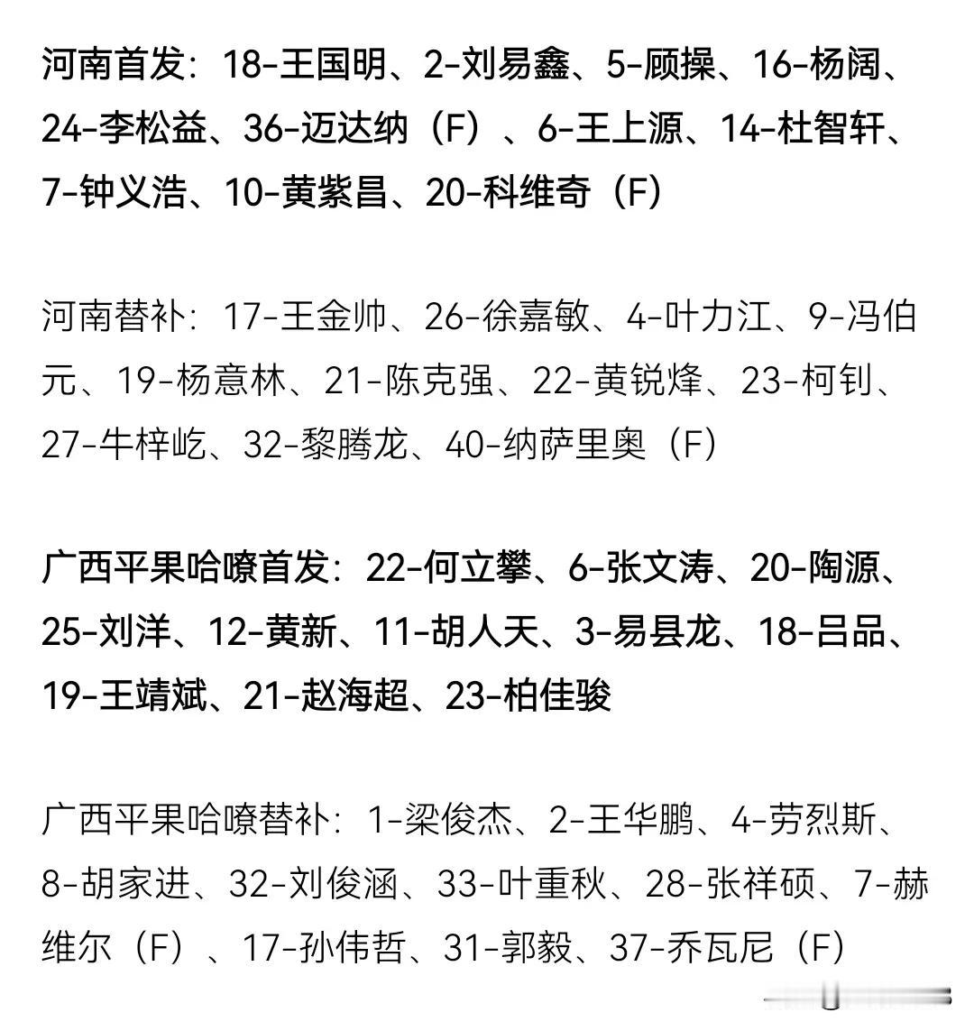 足协杯。河南VS广西首发替补名单。

今晚，足协杯第5轮，河南vs广西。河南两外