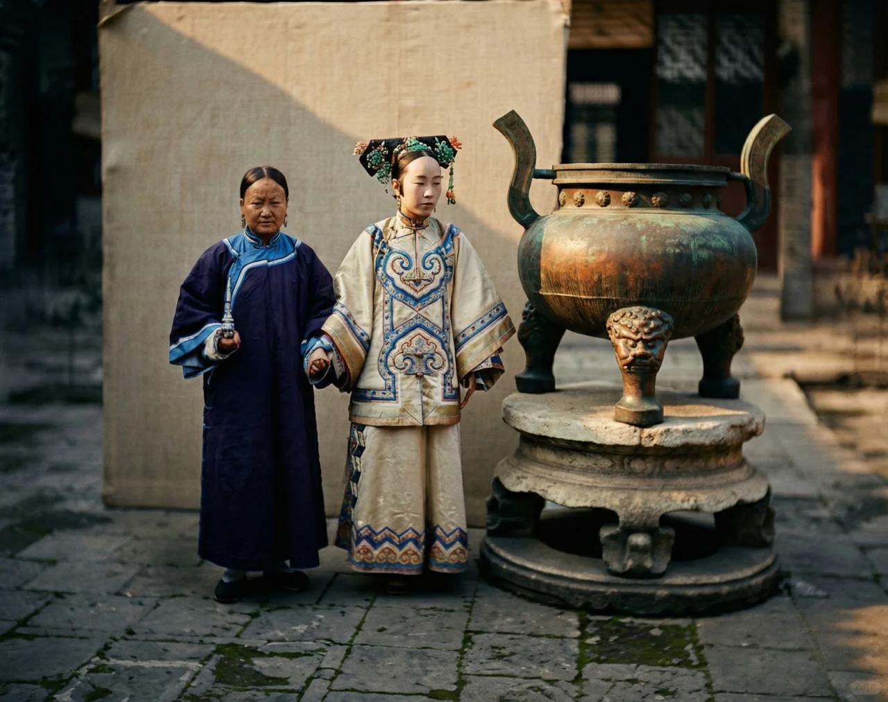 这张老照片，是晚清贵族府上的两位旗人女性的瞬间。
画面右侧的女子是核心人物，她身
