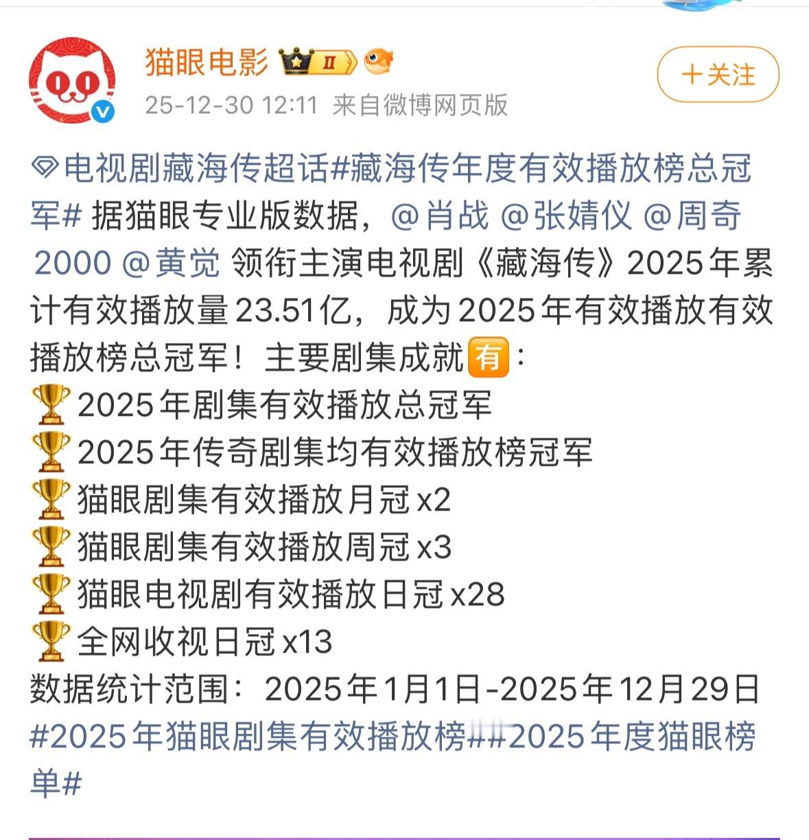 猫眼 灯塔全部认证肖战藏海传为2025年剧王！ 